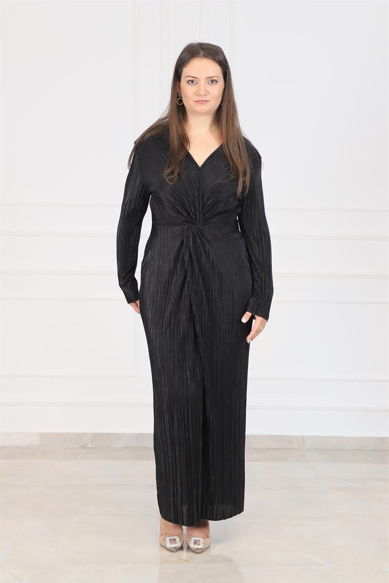 Büyük Beden Plise Elbise Siyah | büyük beden bayan takım elbise modelleri |  Bedrinxxl | Büyük Beden İkili Takımlar