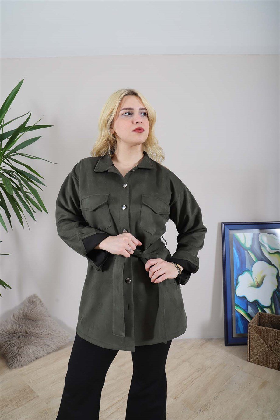 Büyük Beden Süet Ceket Gömlek Yeşil | bedrinxxl | büyük beden bayan mont  modelleri ve fiyatları | 44-60 arası beden Mont Kadın