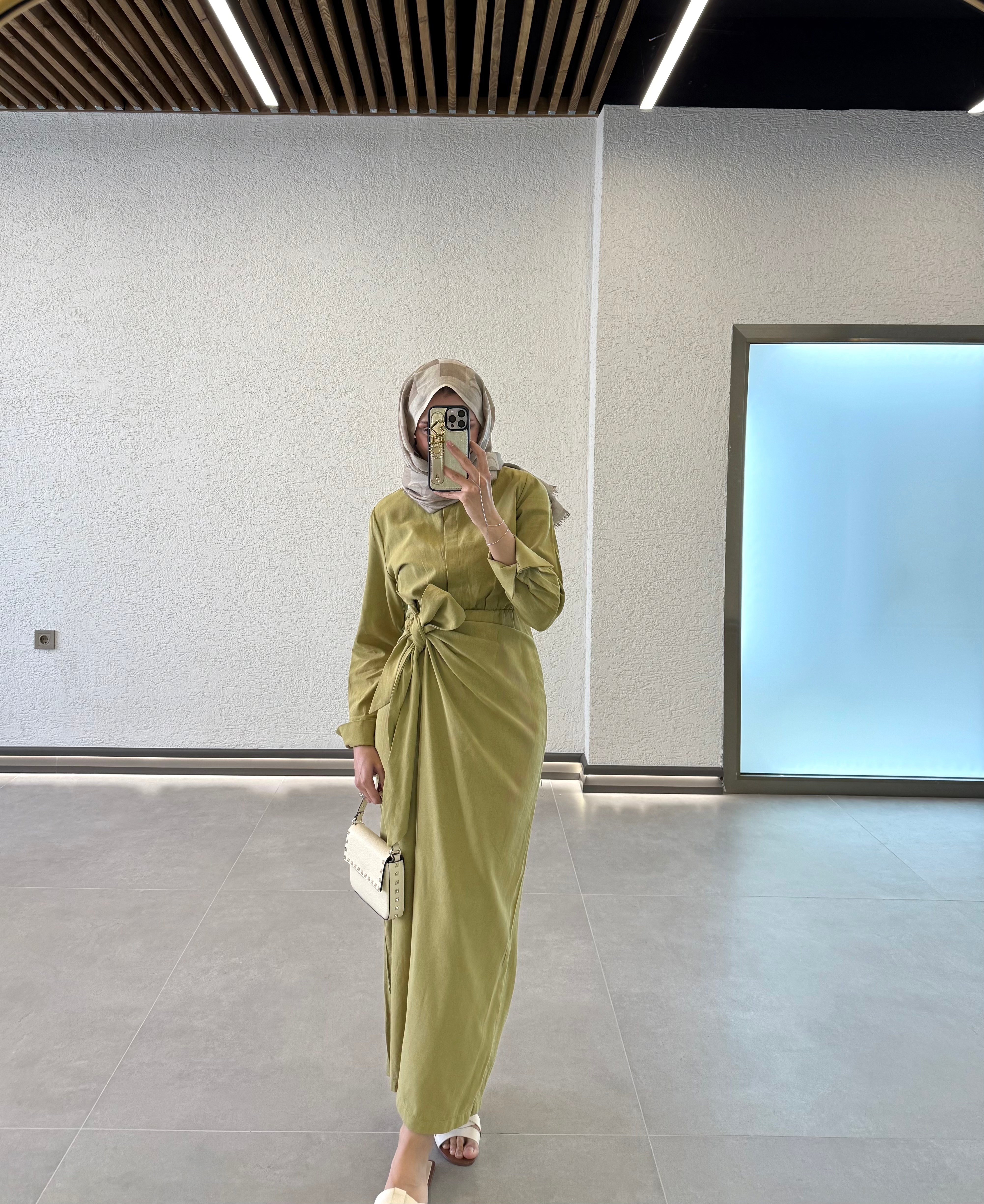 Arwen Bağlamalı Keten Elbise - Yeşil - Nuuwears