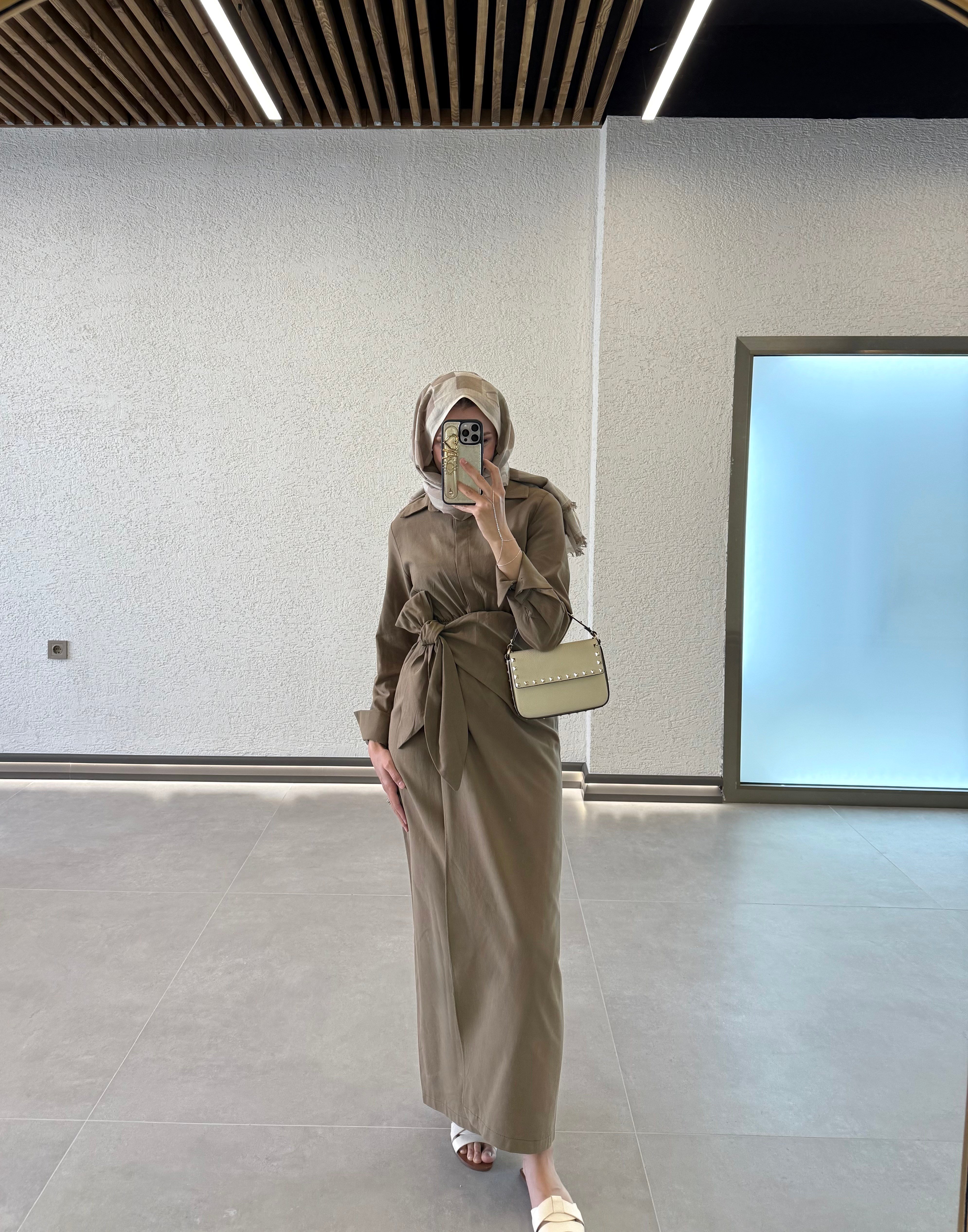 Arwen Bağlamalı Keten Elbise - Açık Haki - Nuuwears