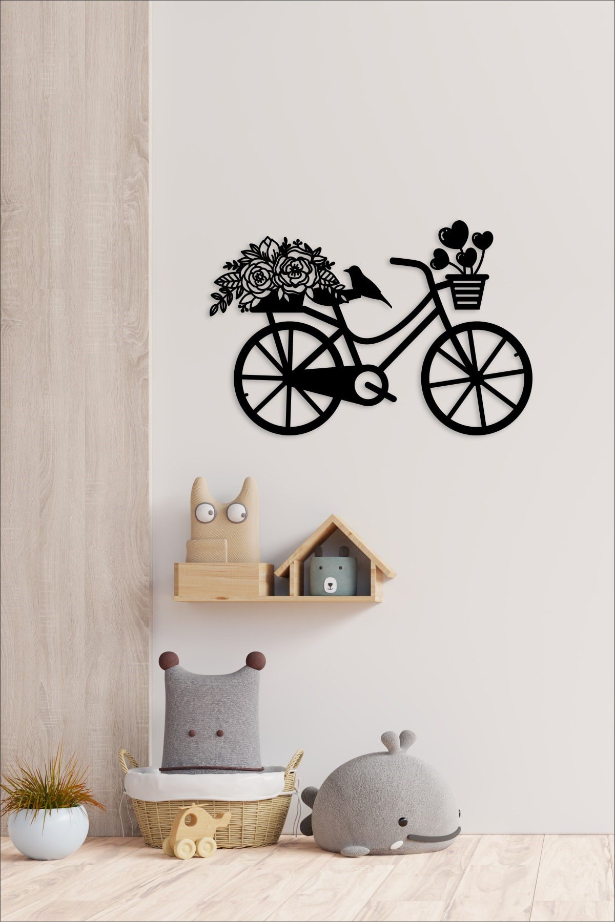 Siyah Ahşap Çiçekli Bisiklet Duvar Dekoru Salon Oturma Yatak Odası Mutfak  Ofis için 45x30cm Tablo