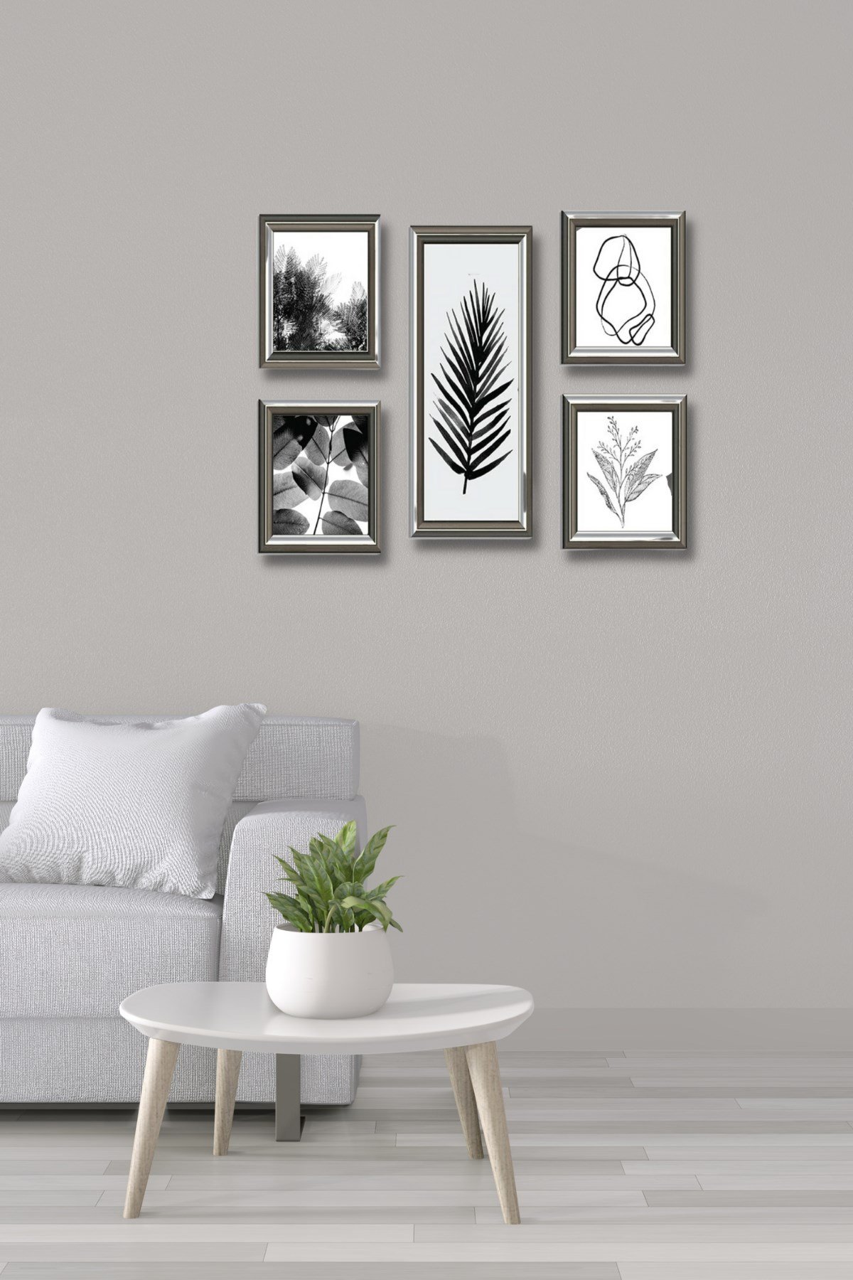 5li Ahşap Tablo Seti - Siyah Beyaz Yapraklar Salon Oturma Odası Yatak Odası  için Çerçeve Görünümlü Mdf Duvar Dekoru 50x30 cm