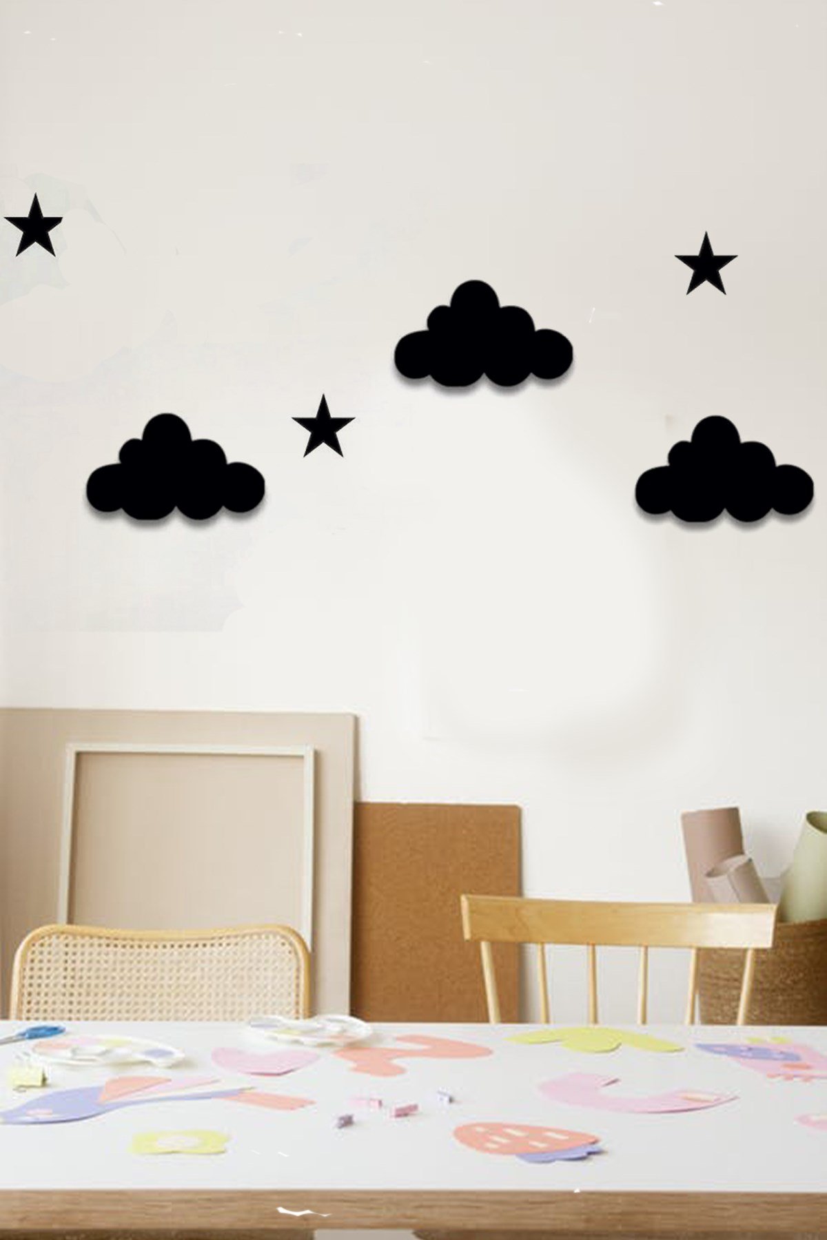 Siyah Ahşap Bulut Ve Yıldız Duvar Dekoru Salon Oturma Yatak Çocuk Odası  için 100x50 cm Mdf Tablo