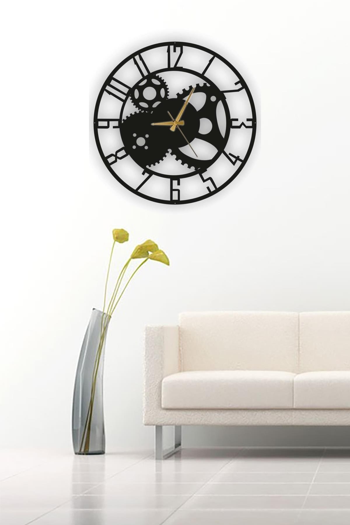 Siyah Ahşap Çarklı Duvar Saati - Salon Oturma / Yatak Odası Ofis Antre için  50 cm Saat Duvar Dekoru