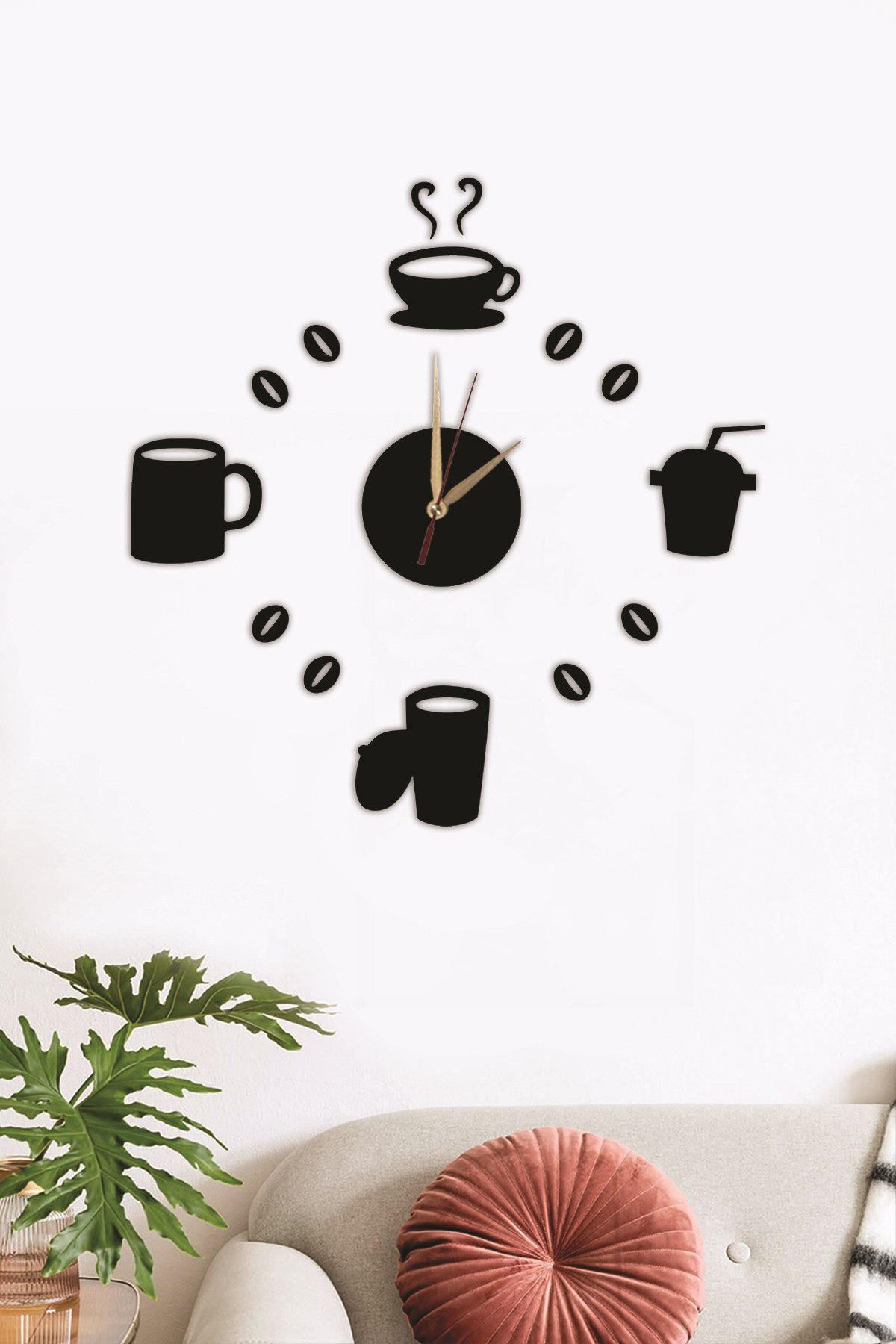 Siyah Ahşap Kahve Çay Fincan Duvar Saati - Mutfak Cafe Kahve Köşesi için  Mdf 50x50 cm Tablo Saat
