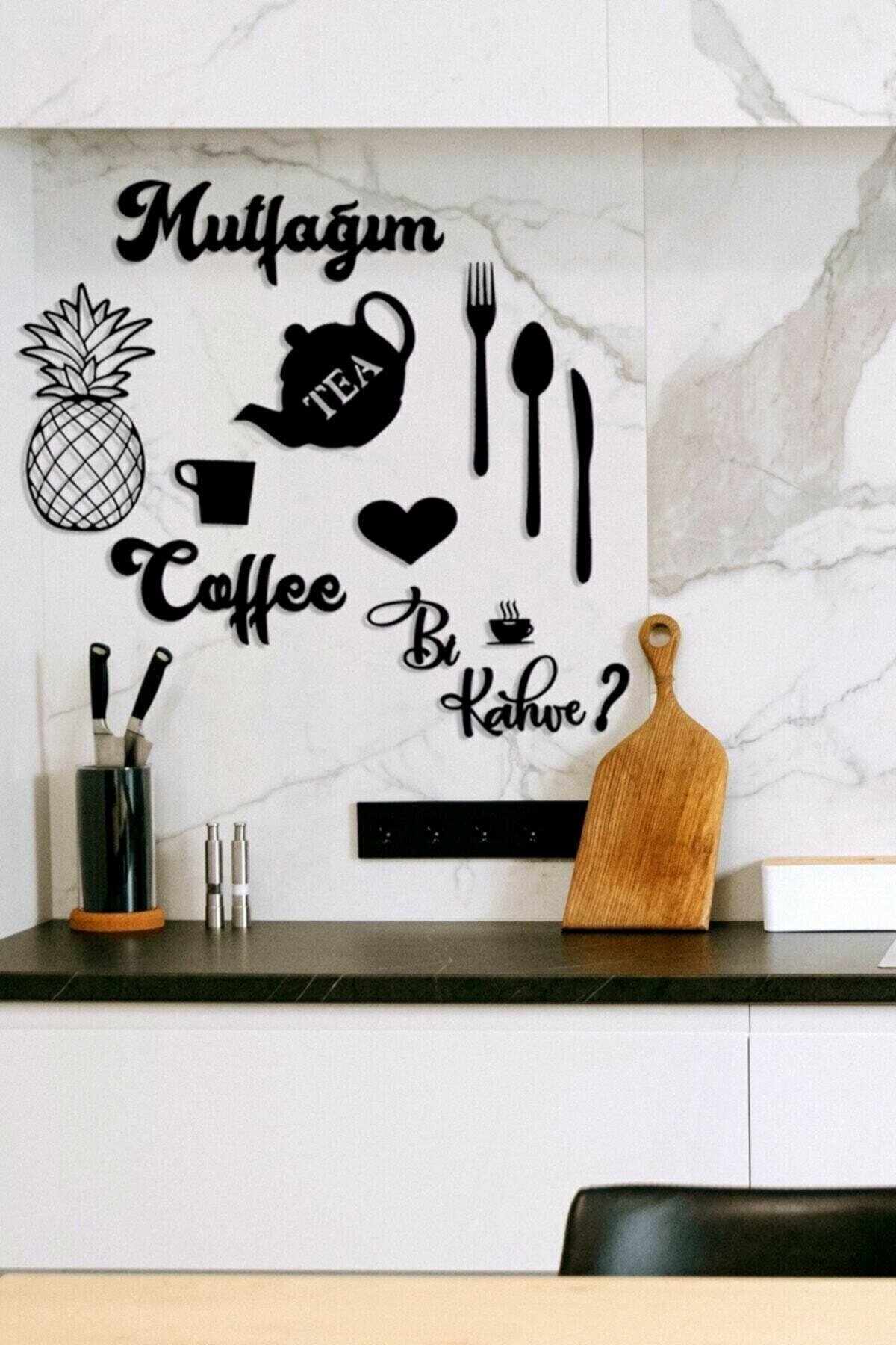 Siyah 13 Parça Ahşap Mutfağım Ananas Bi Kahve Mutfak Konsepti Duvar Dekoru  - Ev Dekorasyon Mutfak Cafe