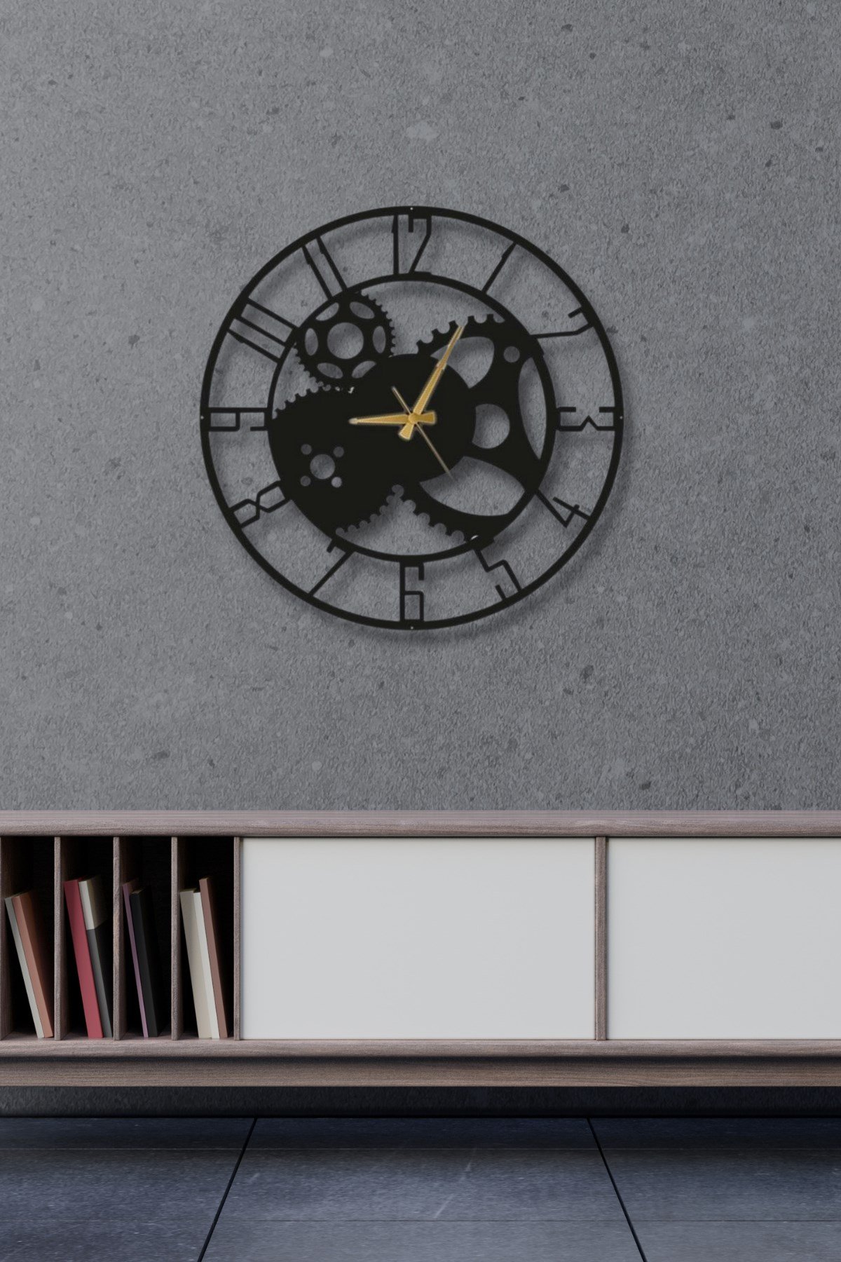 Siyah Ahşap Çarklı Duvar Saati - Salon Oturma / Yatak Odası Ofis Antre için  50 cm Saat Duvar