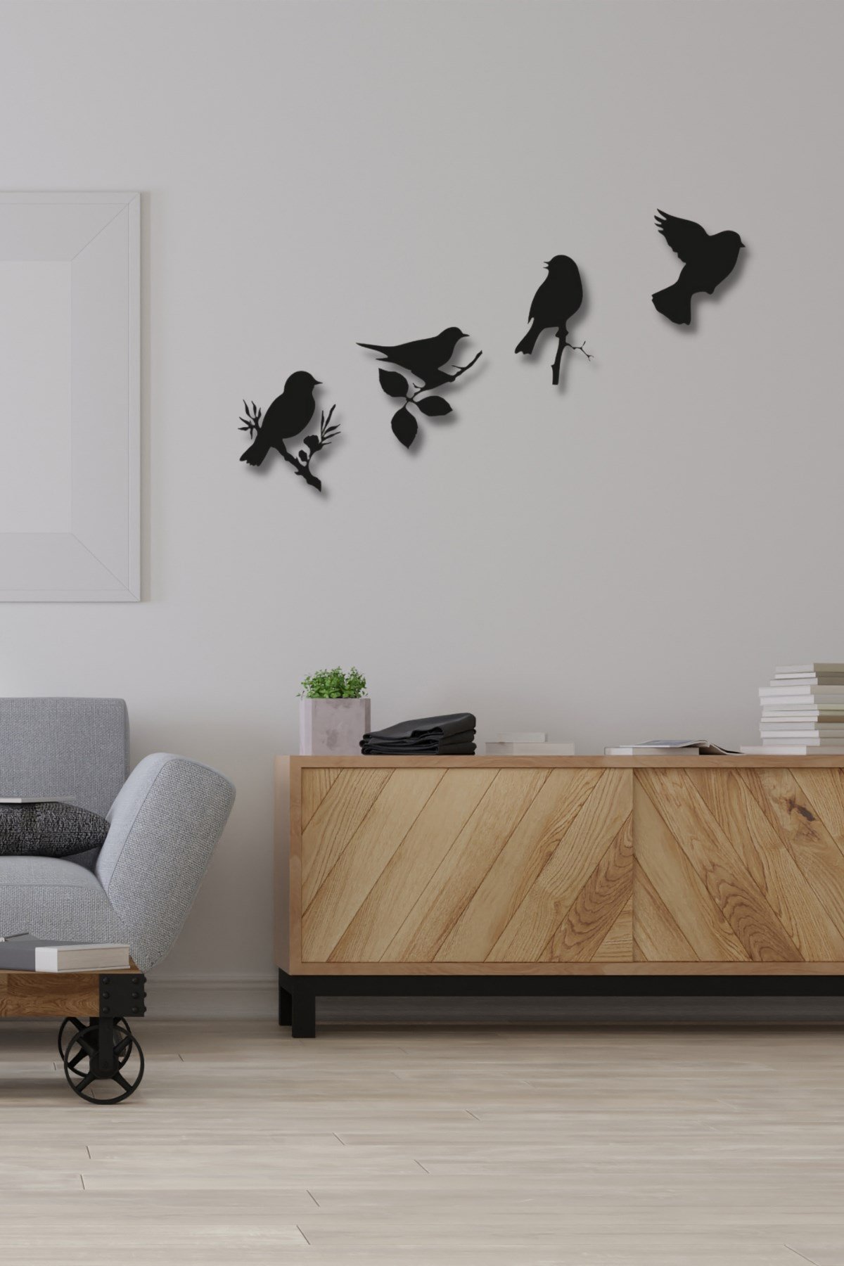 Siyah Ahşap Modern 4lü Kuş Duvar Dekoru - Salon Oturma Yatak Odası Bahçe  için 90x60 cm Tablo