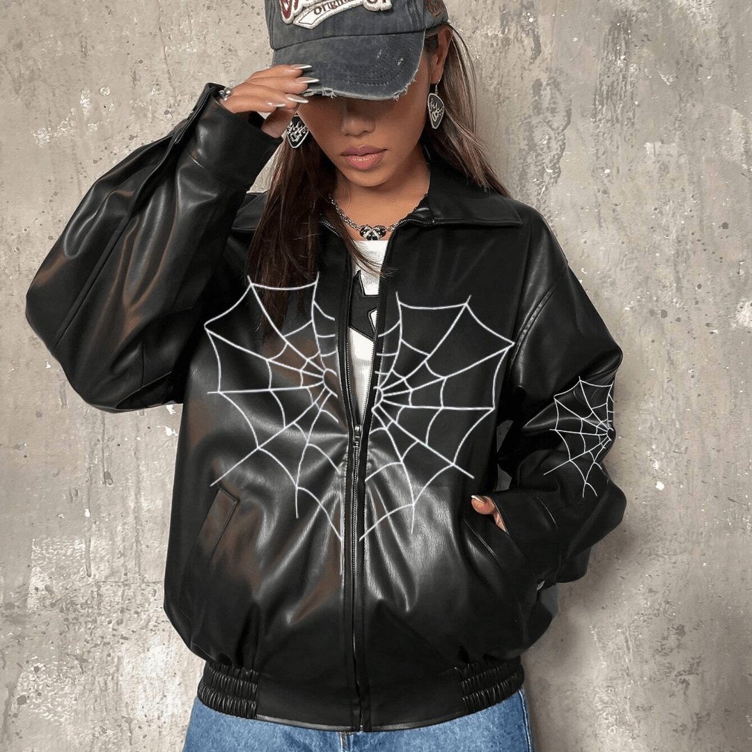 Heart Spider Web Baskılı Streetwear Siyah Oversize Unisex Astarlı Deri Ceket
