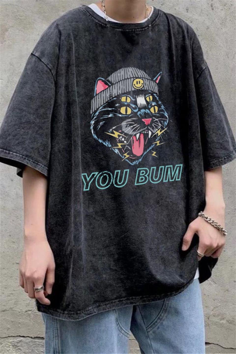 Yıkamalı You Bum Cat Baskılı Unisex Oversize Vintage Eskitme T-shirt |  T-SHİRT