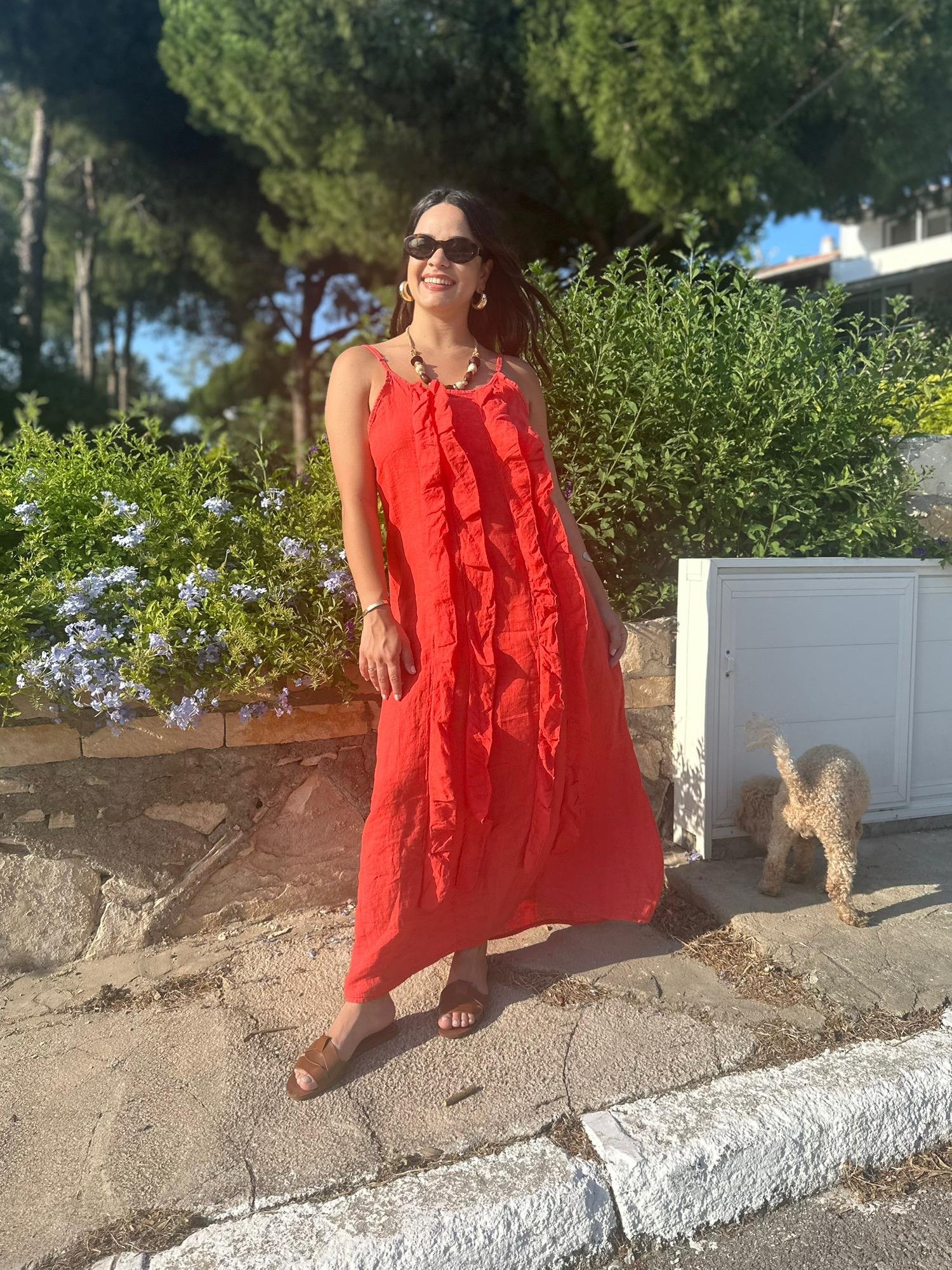 Mercan Rengi Askılı Keten Elbise