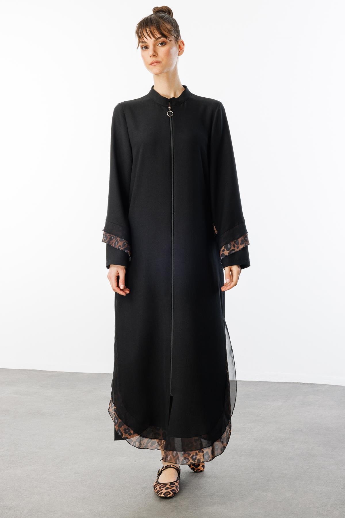 Leopard Garni Detailed chiffon and light, thin Ipekce Cap - Ferace