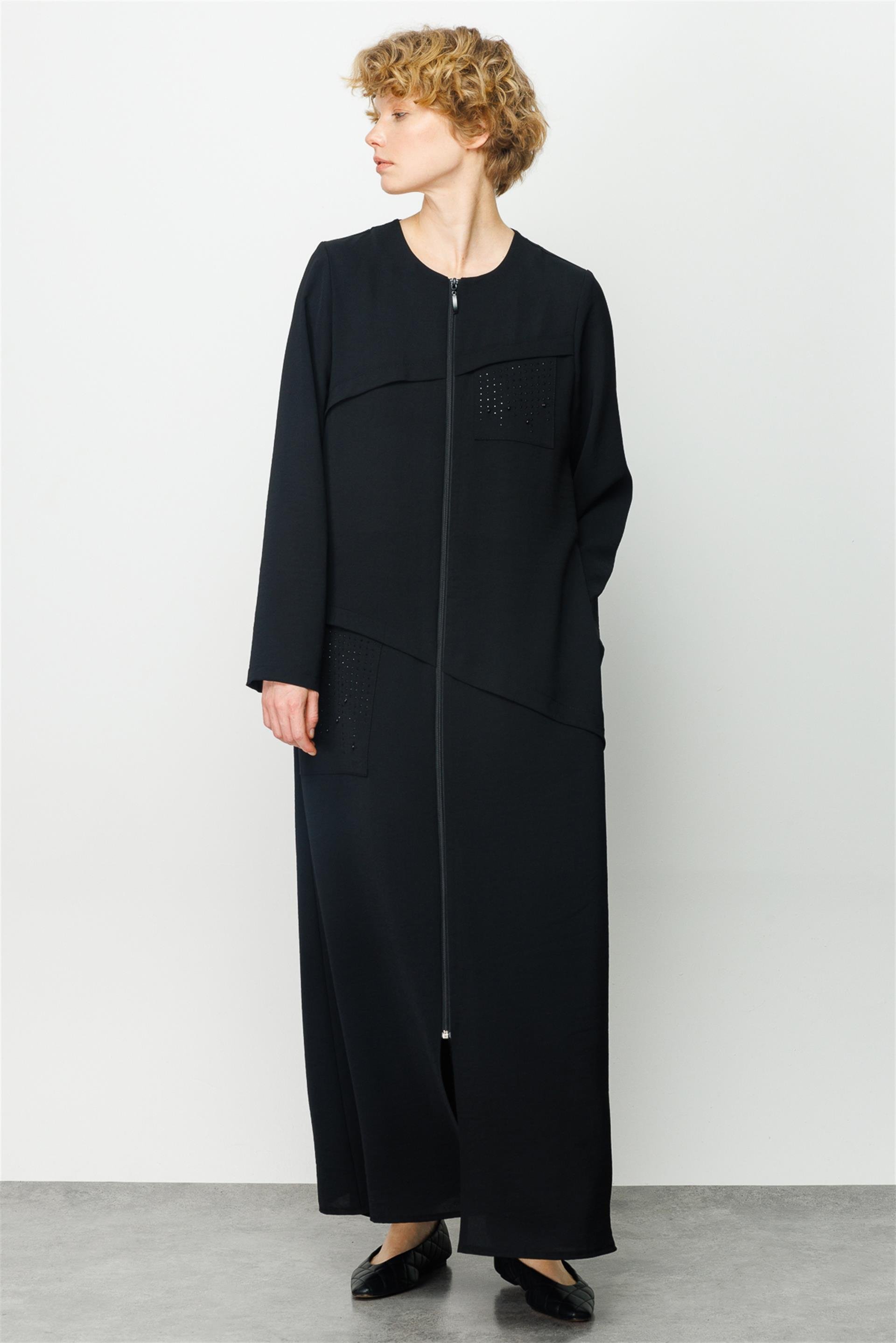 Taş İşleme Aller Nefes Alan Zor Kırışan Kumaştan Ferace-Siyah