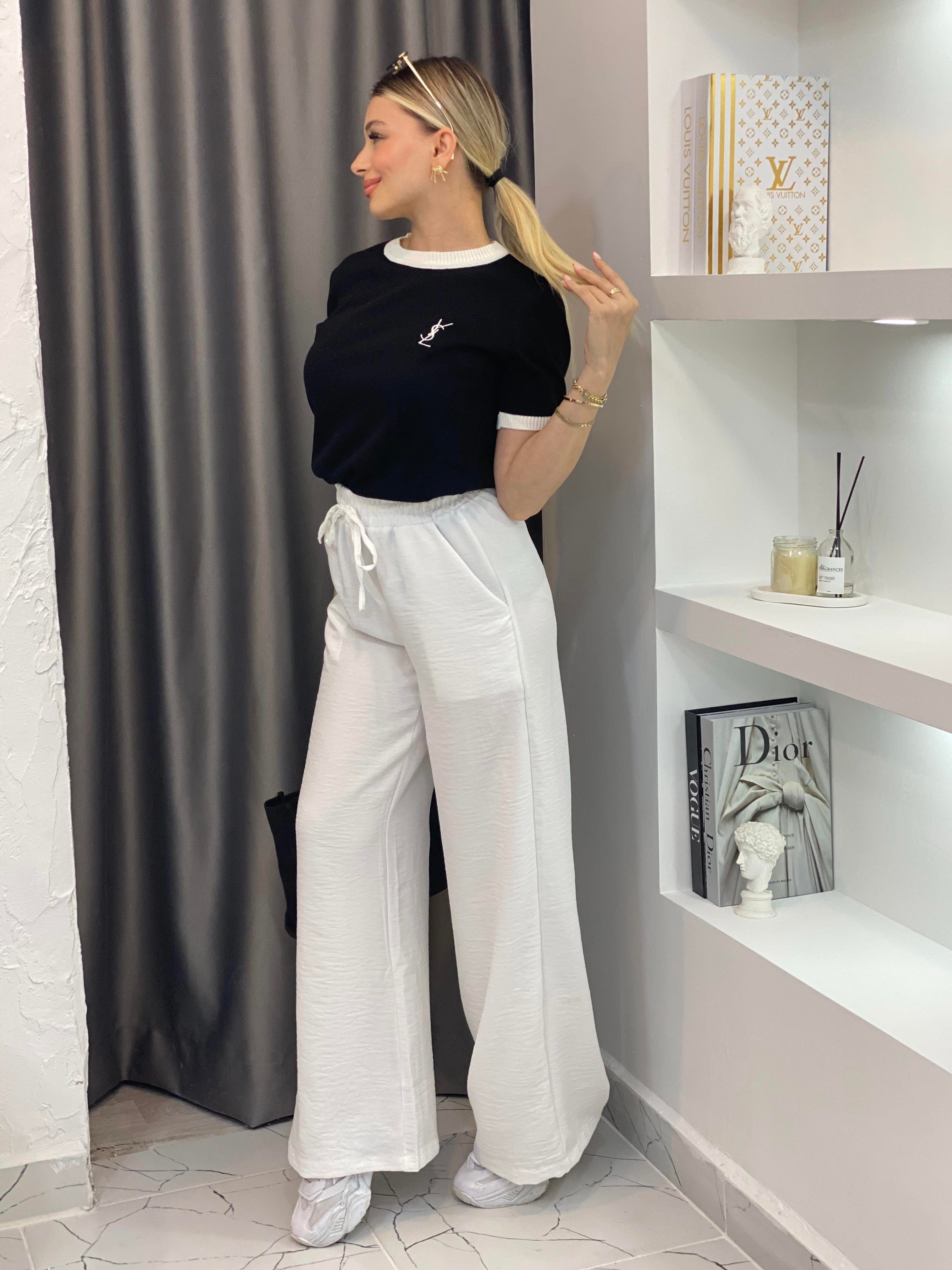 Beyaz Beli Lastikli Keten Palazzo Pantolon 