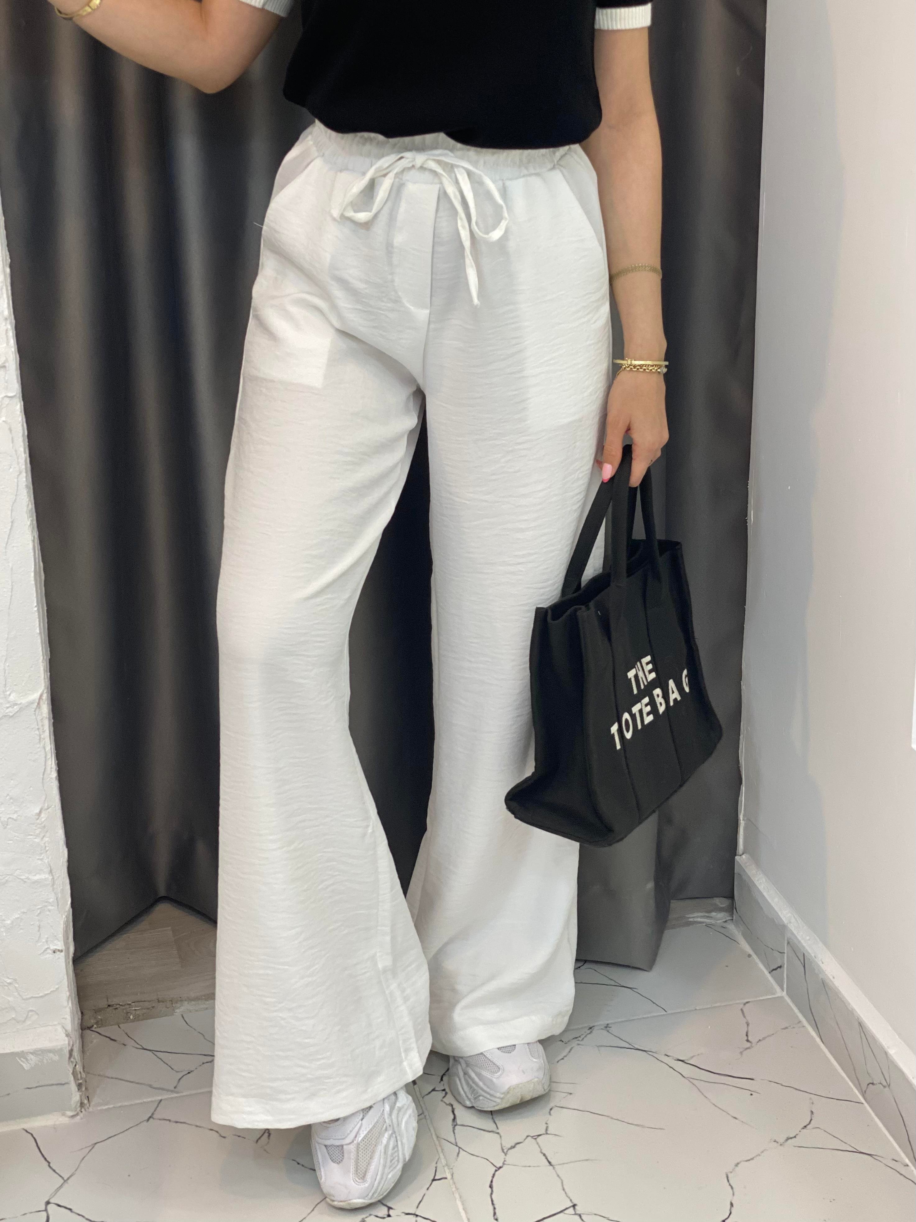 Beyaz Beli Lastikli Keten Palazzo Pantolon 