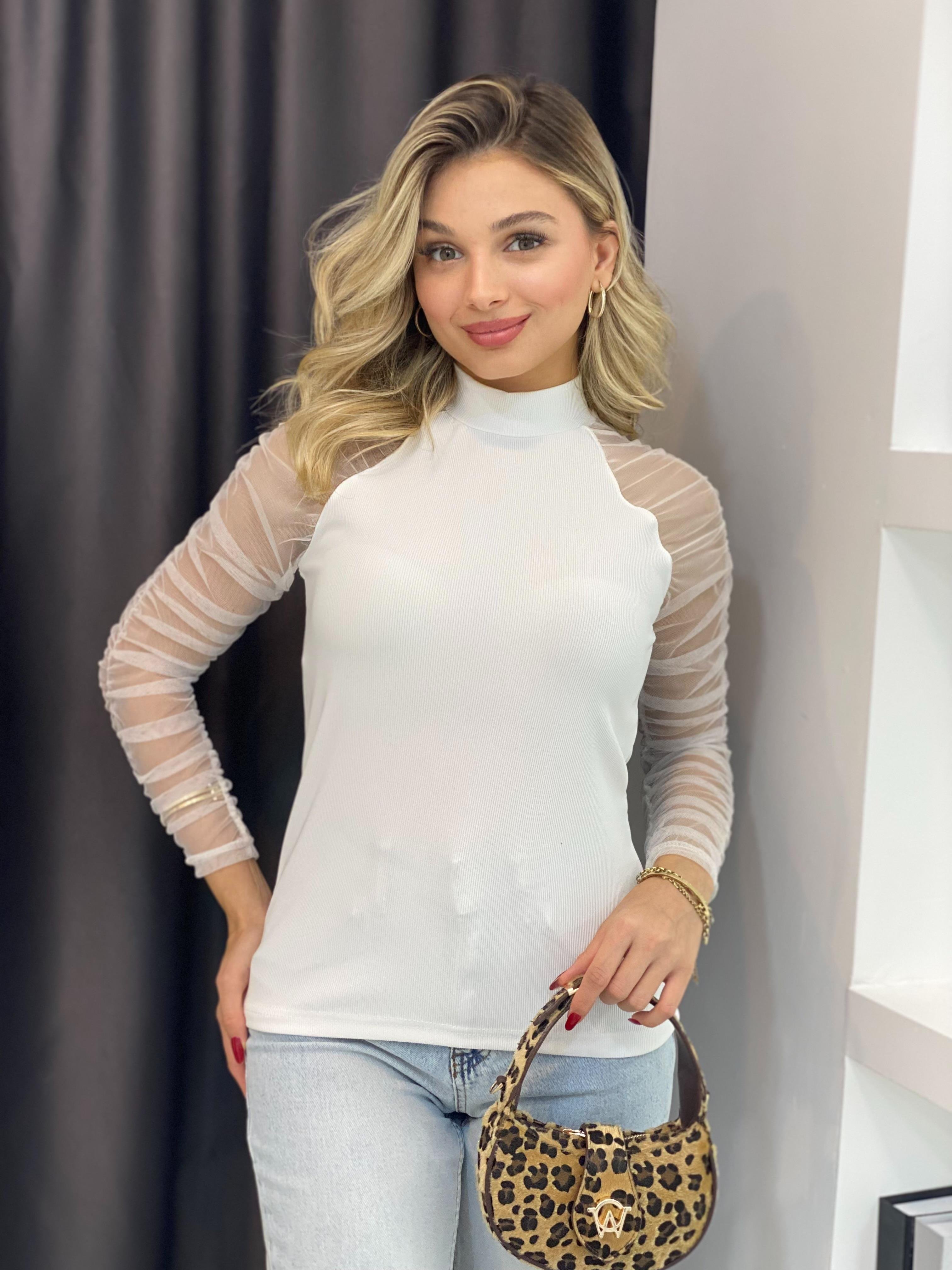 Beyaz Kolları Tül Model Ottoman Kumaş Bluz
