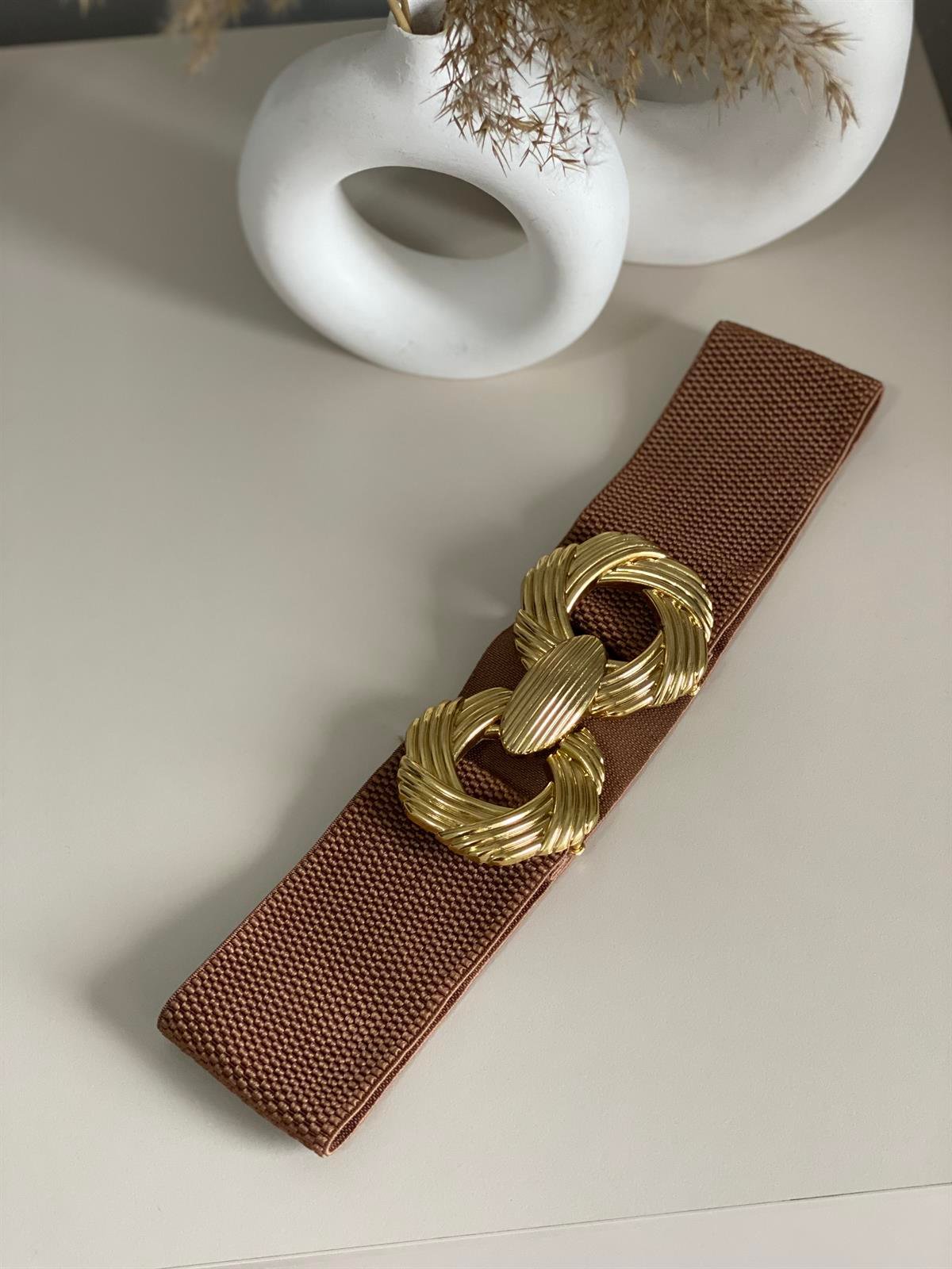 Kahve Gold Tokalı Likralı Elbise Kemeri 