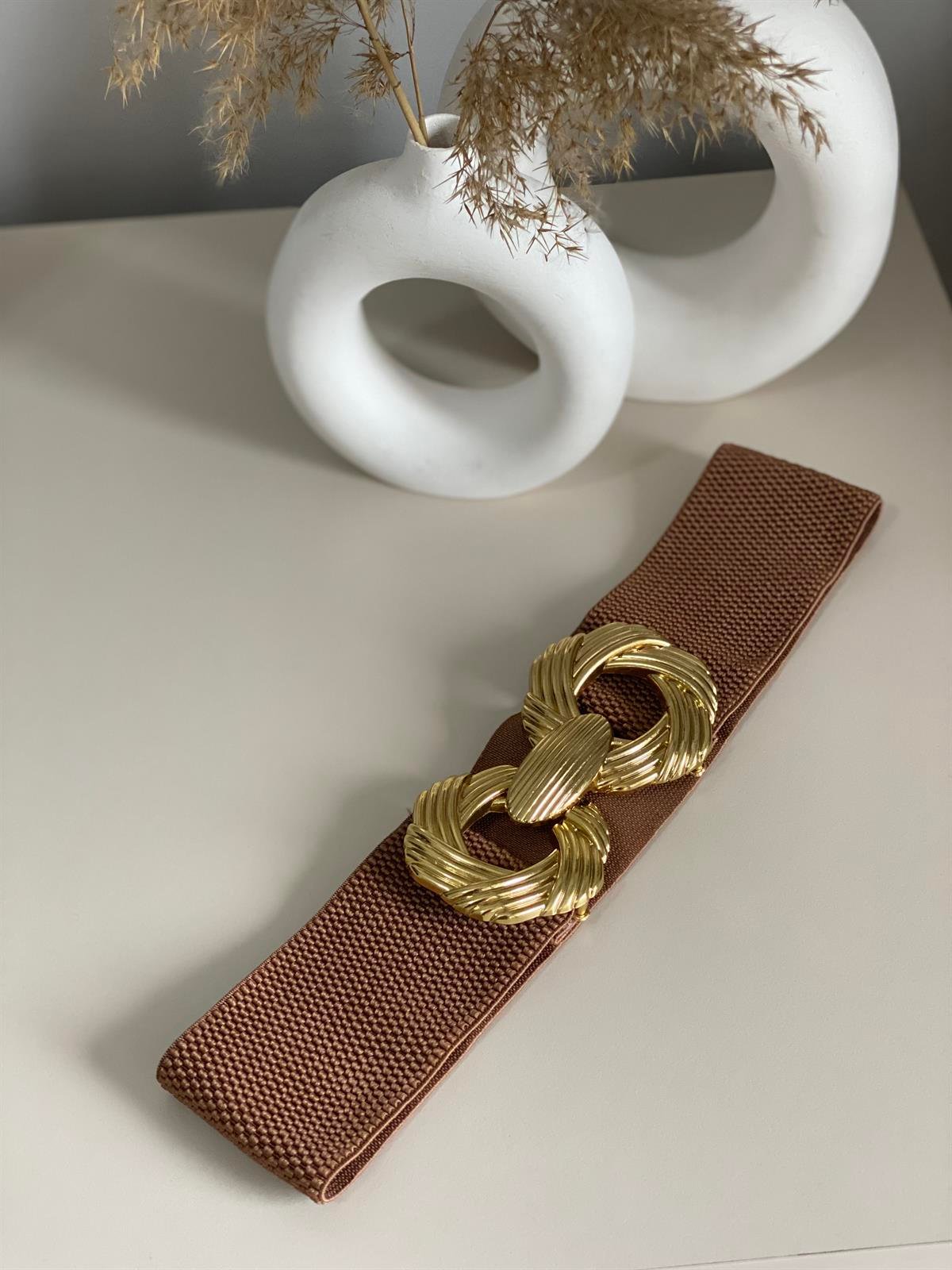 Kahve Gold Tokalı Likralı Elbise Kemeri 
