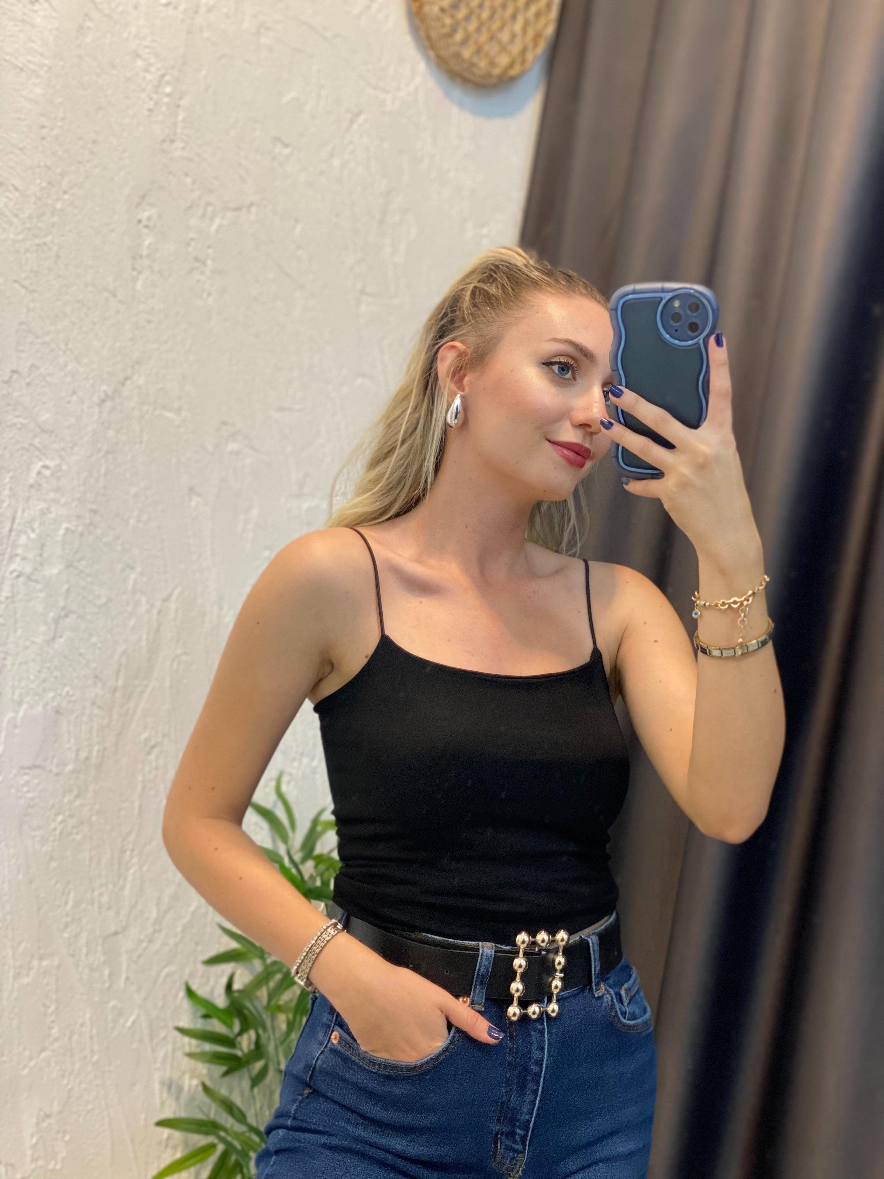 Siyah İp Askılı Uzun Boy Crop 