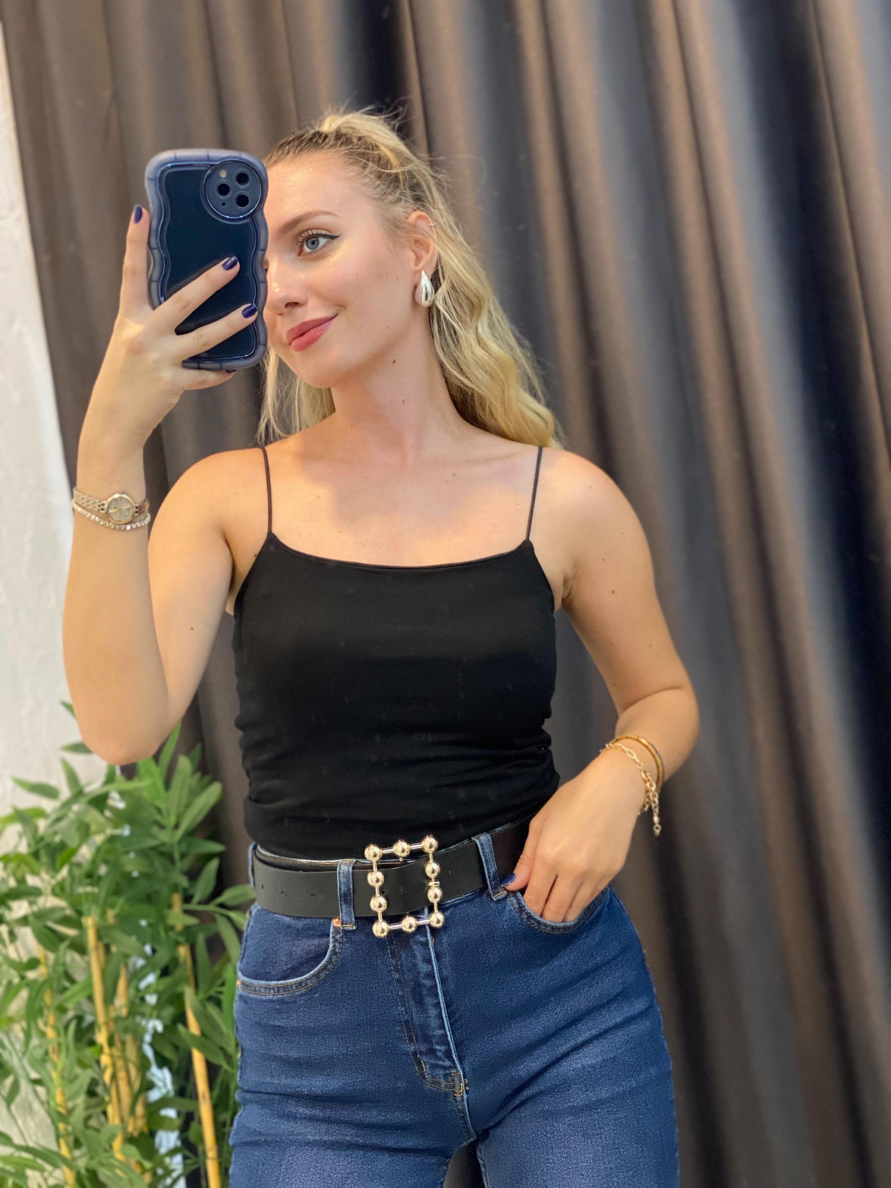 Siyah İp Askılı Uzun Boy Crop 