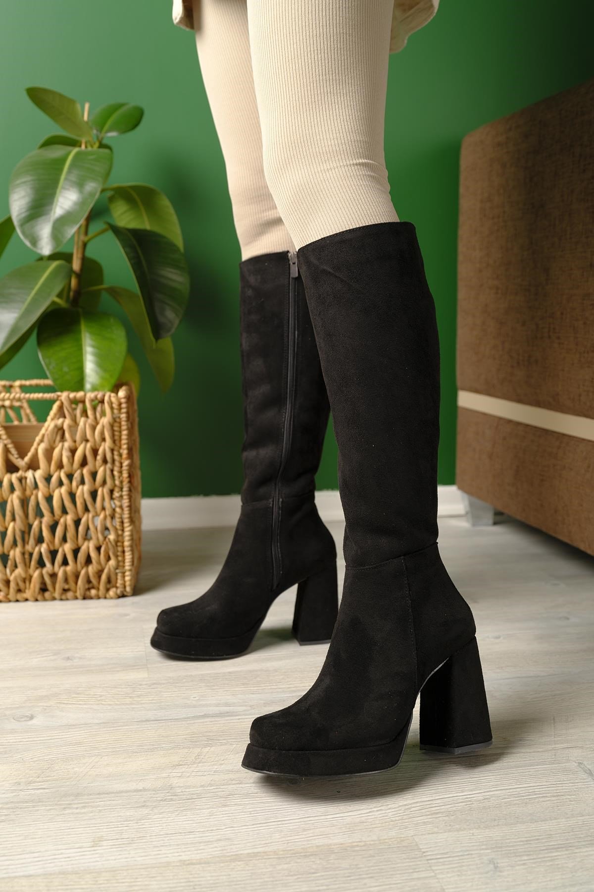 Vivet Platform Topuklu Uzun Kadın Çizme SIYAHSUET