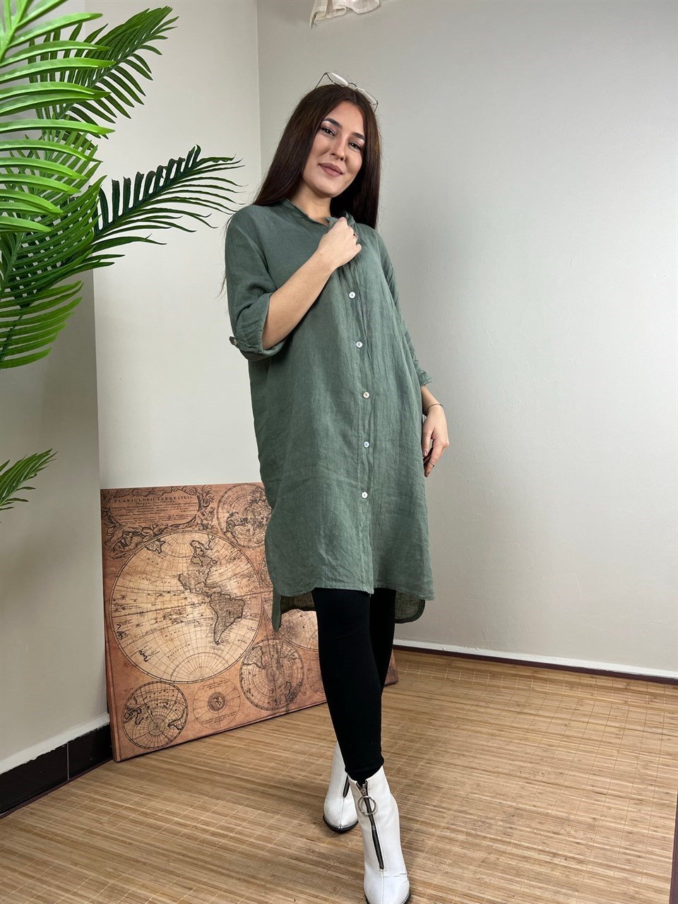 Qashmir Kadın İtalyan Keten Gömlek Elbise - Haki Satın Alın I Qashmir