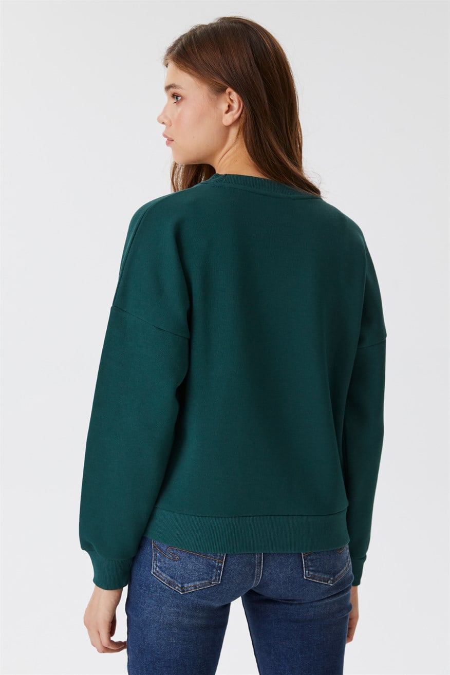 Tila Kadın %100 Pamuk Bisiklet Yaka Sweatshirt Zümrüt Yeşili - Lee