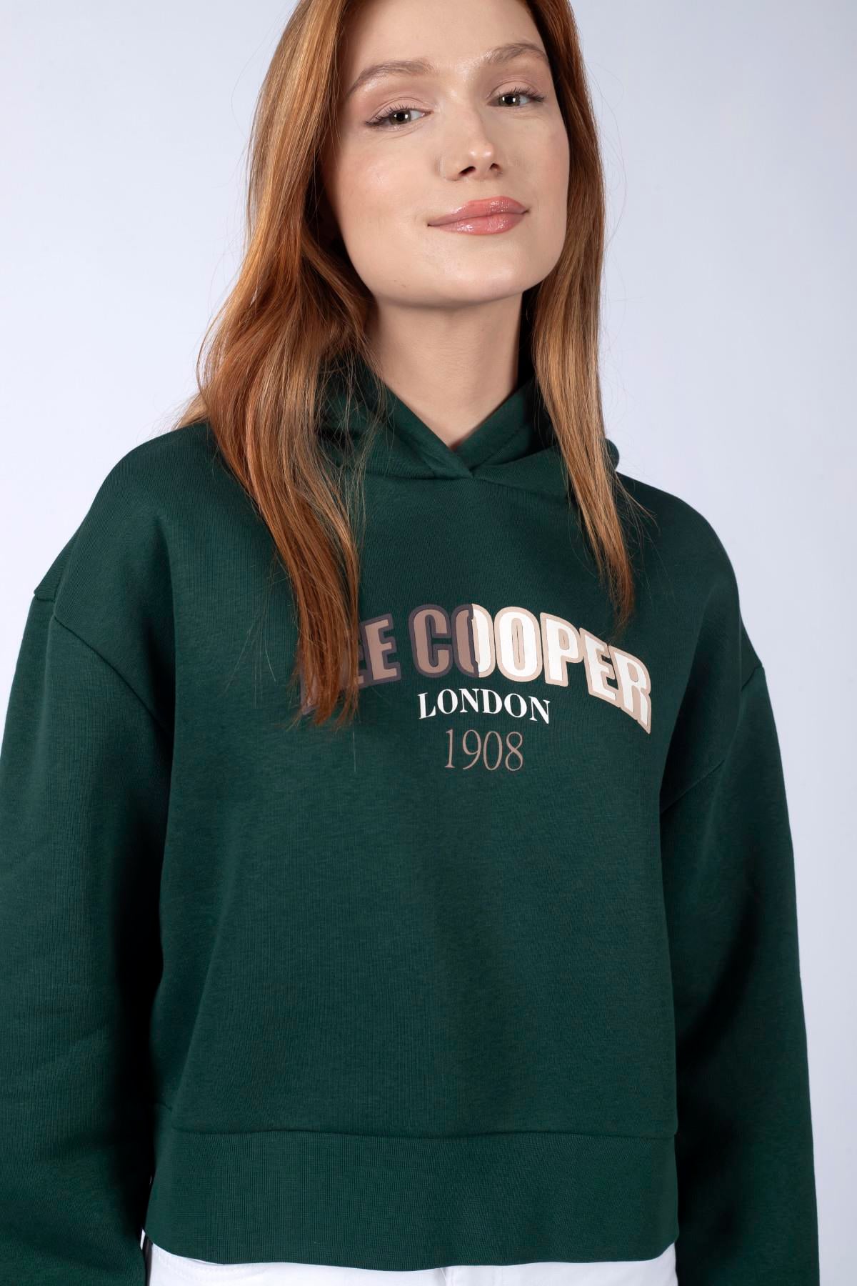 Zaye Kadın %100 Pamuk Kapüşonlu Sweatshirt Zümrüt Yeşili - Lee