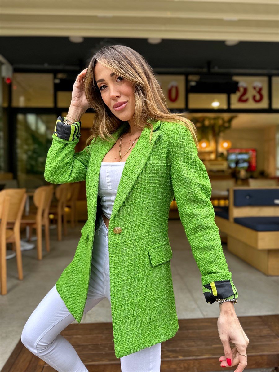 Kadın Gold Düğme Renkli Astarlı Blazer Açık Yeşil Tüvit Ceket