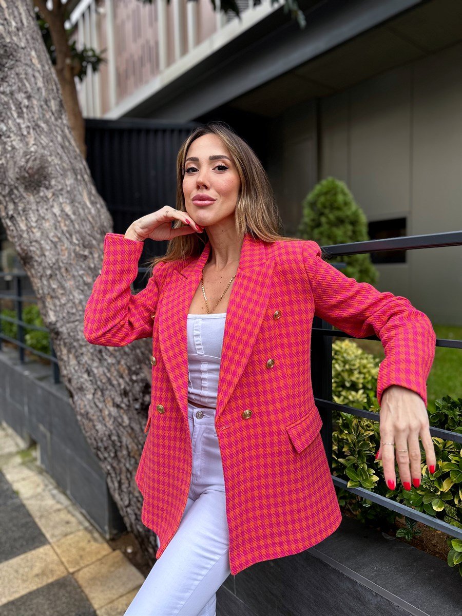 Kadın Kazayağı Kruvaze Tüvit Blazer Turuncu Ceket