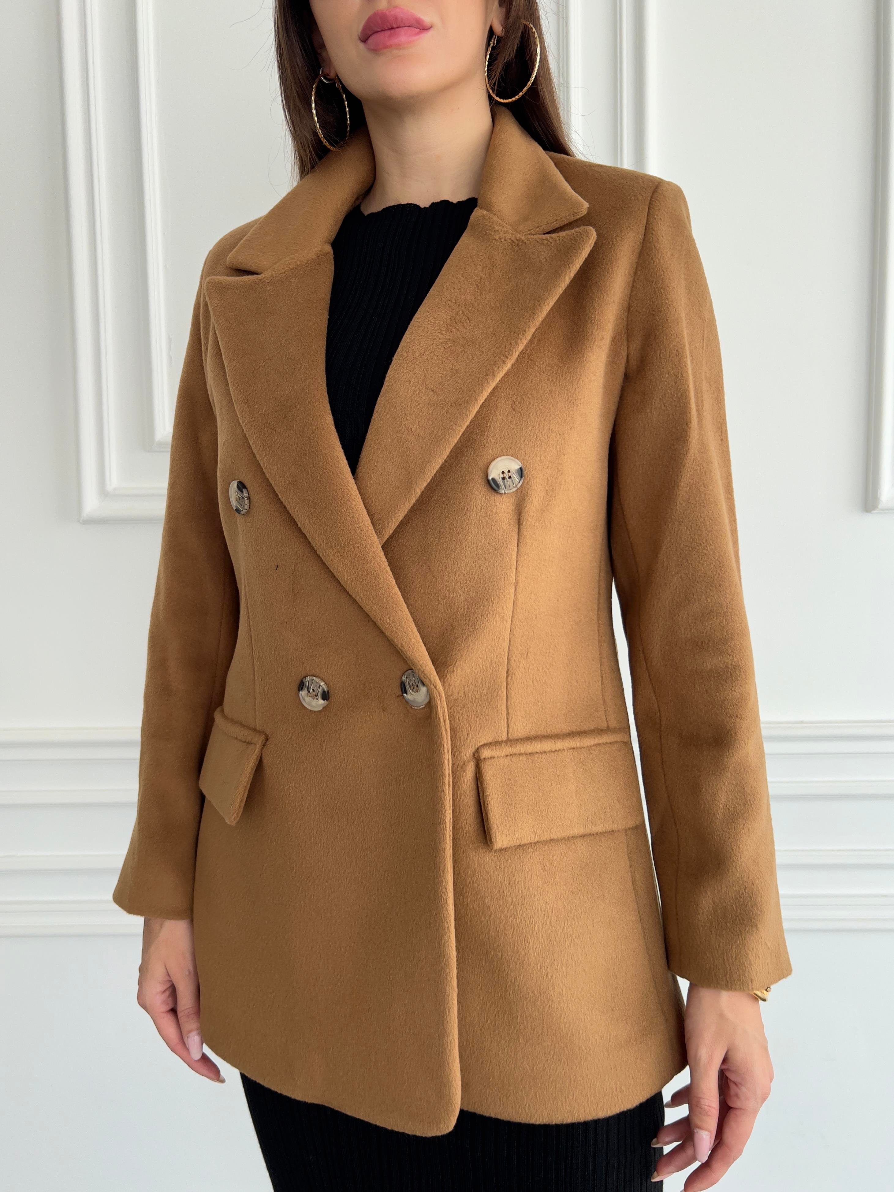 Kadın Yumuşak Kruvaze Yaka Kaşe Kumaş Kahverengi Blazer Ceket
