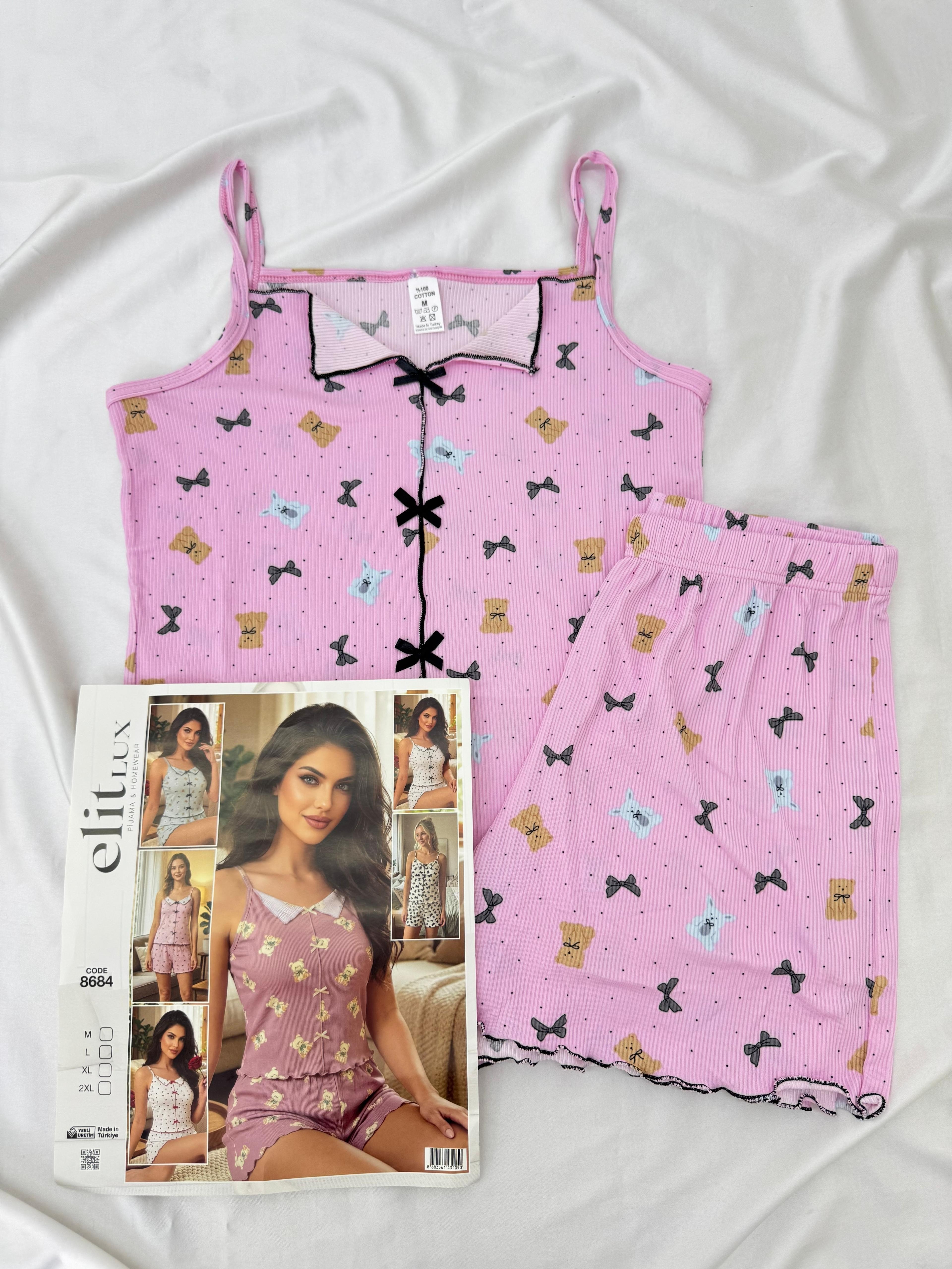 ç8684-şortlu ip askılı ayıcıklı pijama takımı-pudra