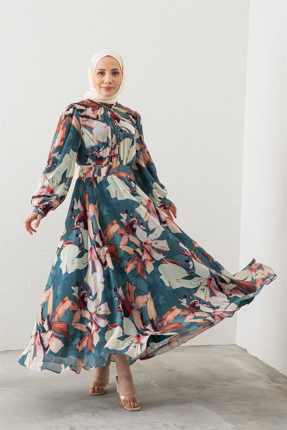 Şifon Çiçekli Elbise Petrol - Moda Ala