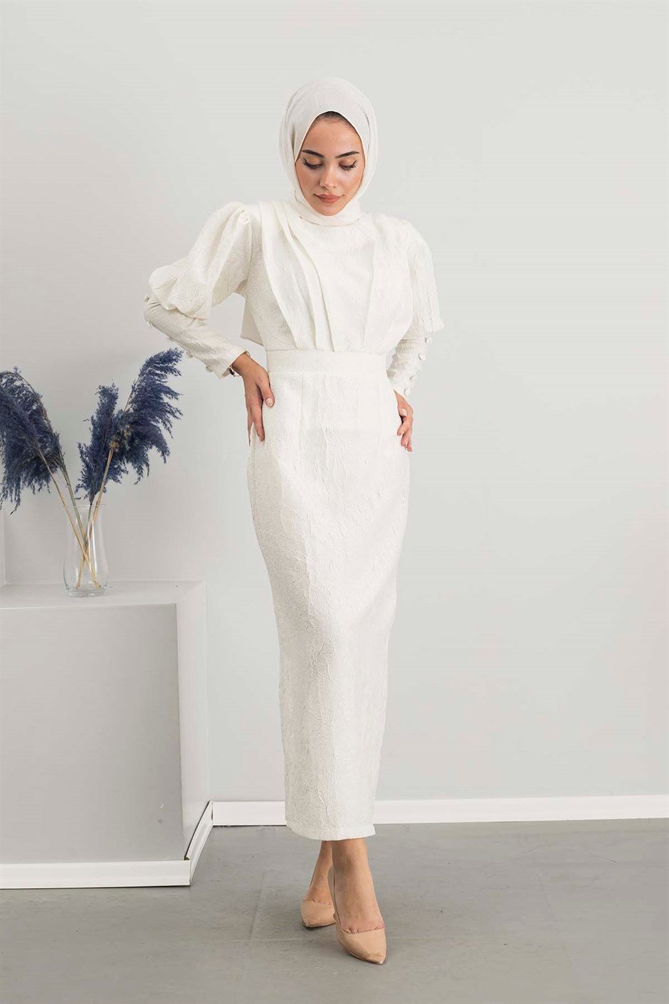 Varaklı Nostalji Elbise Beyaz - Moda Ala