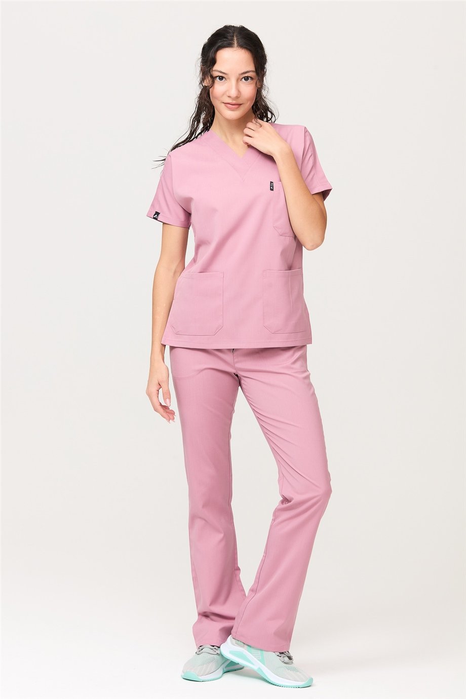 Happiness Spaniard - Likralı Doktor Hemşire Forma Takımı Scrubs Üniforma Cerrahi Takım (KADIN), Gül Pembe