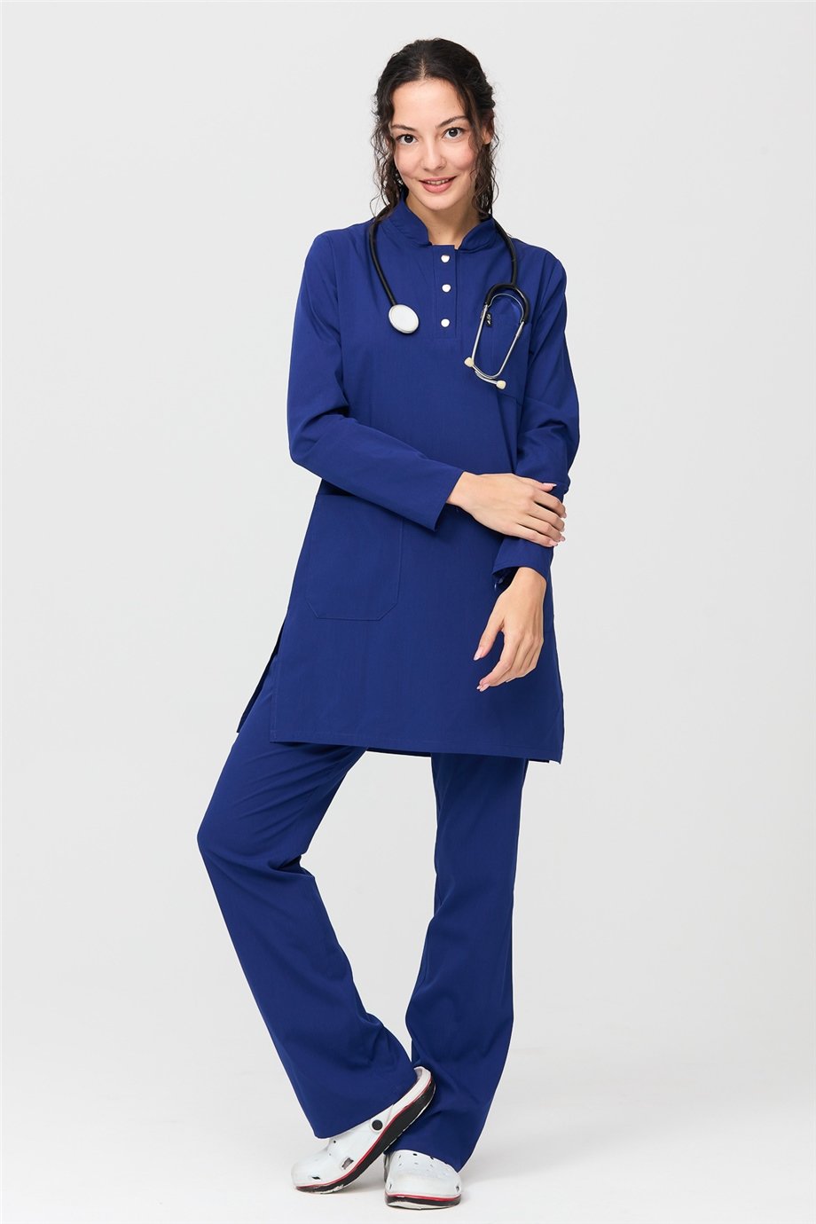 UltraLycra Modest - Likralı Doktor Hemşire Tesettür Forma Takımı Scrubs Üniforma Cerrahi Takım, Saks