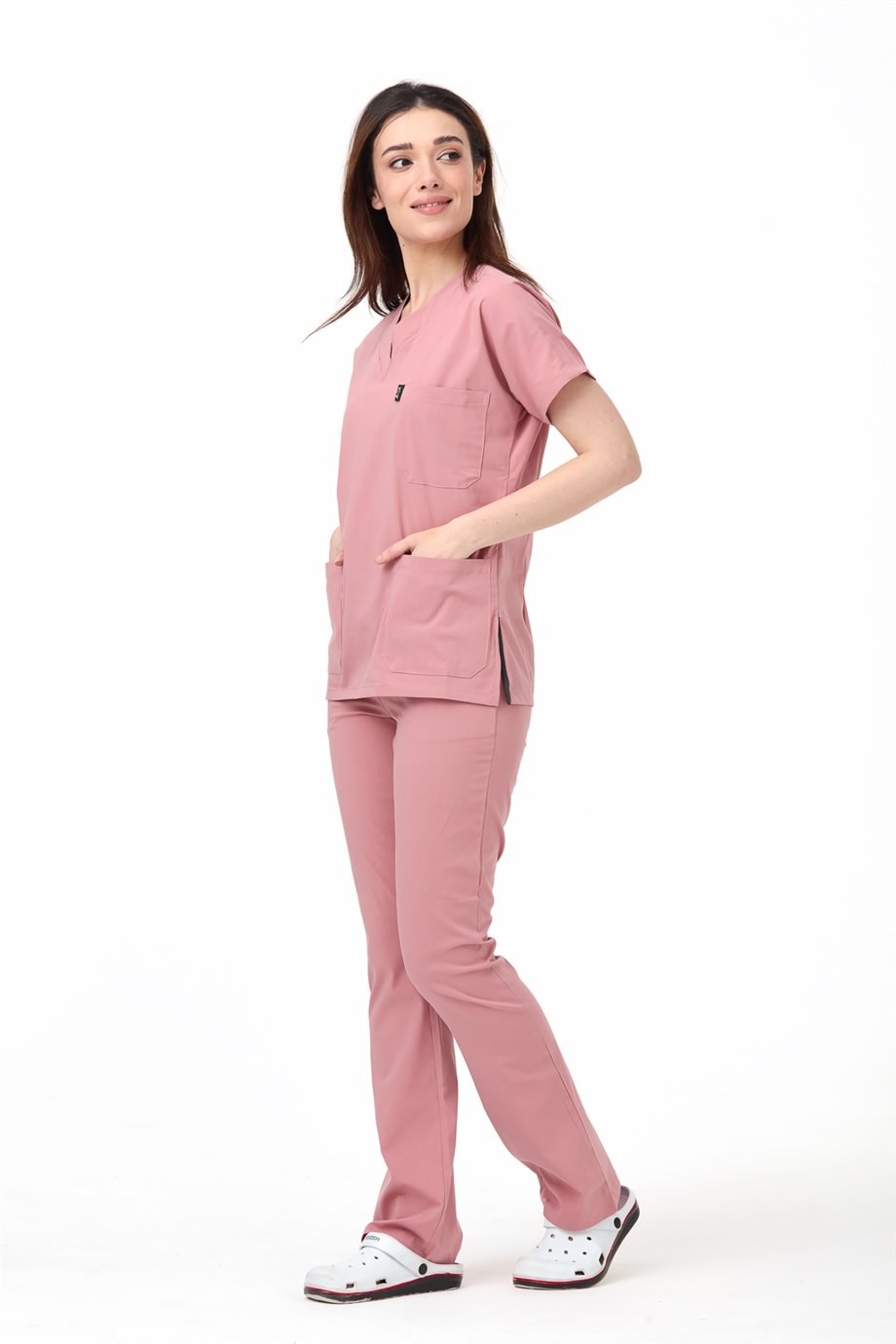 UltraLycra Spaniard - Likralı Doktor Hemşire Forma Takımı Scrubs Üniforma Cerrahi Takım (KADIN), Bronz Pembe