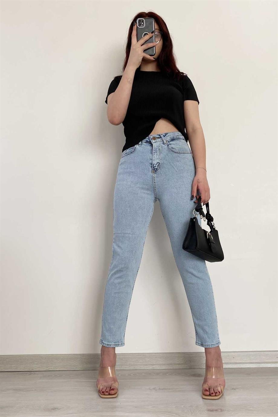 Yuksek Bel Buz Mavi Slim Mom Jean