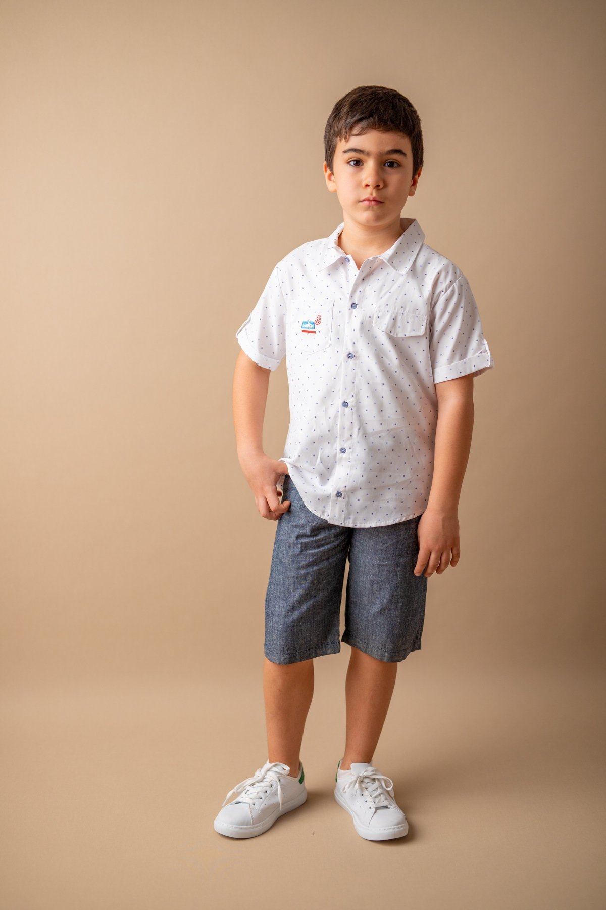 Erkek Çocuk Beyaz Desenli Cepli Marin Gömlek (5-14yaş) Gömlek | Zeylan  Çocuk Giyim 50. yıl