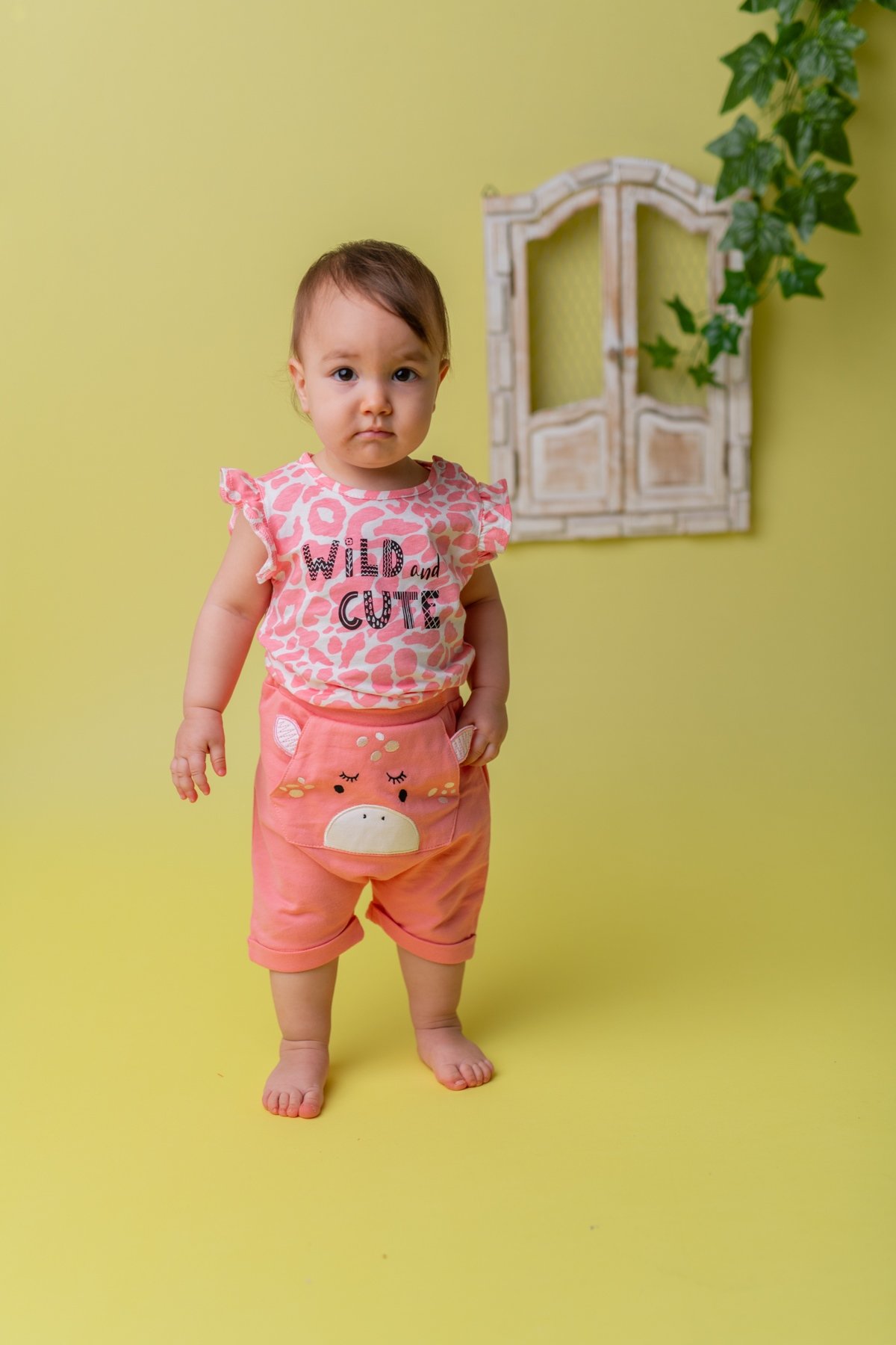 MININIO Kız Bebek Pembe Wild and Cute T-Shirt ve Şort Takım (3-18ay)