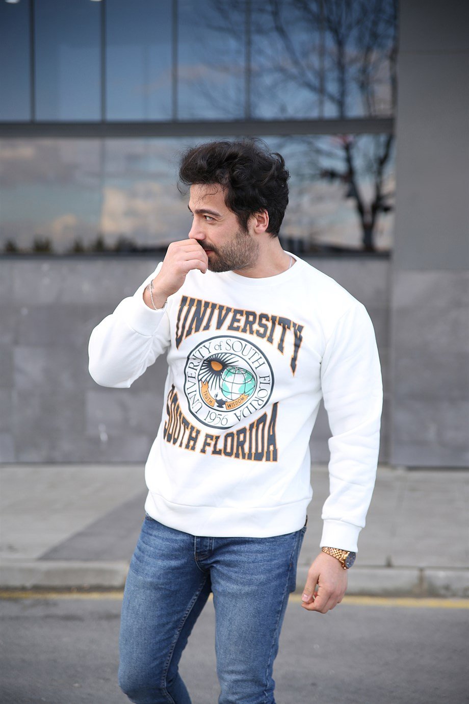 Erkek 3 plik Beyaz University Bisiklet Yaka Sweatshirt