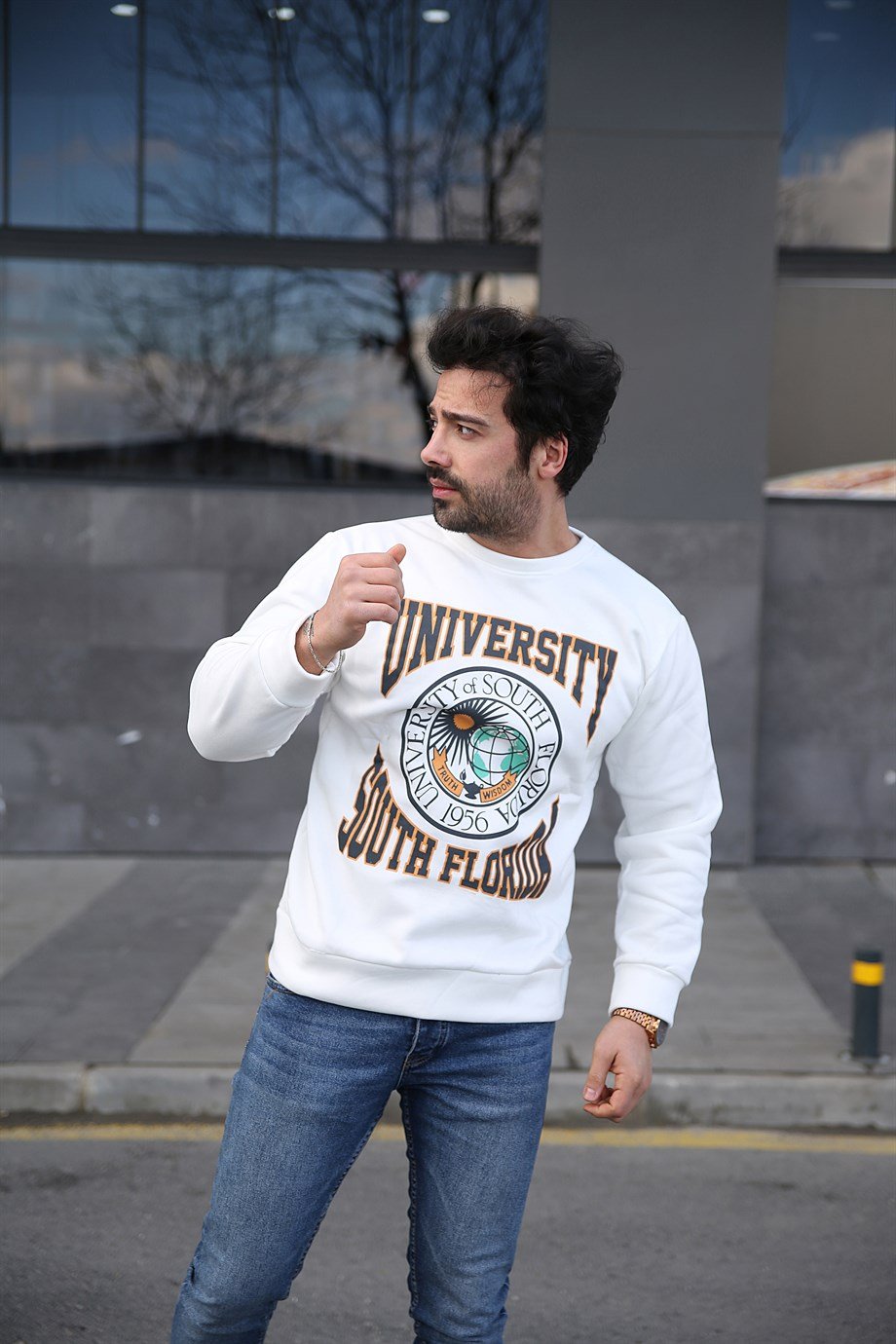 Erkek 3 plik Beyaz University Bisiklet Yaka Sweatshirt