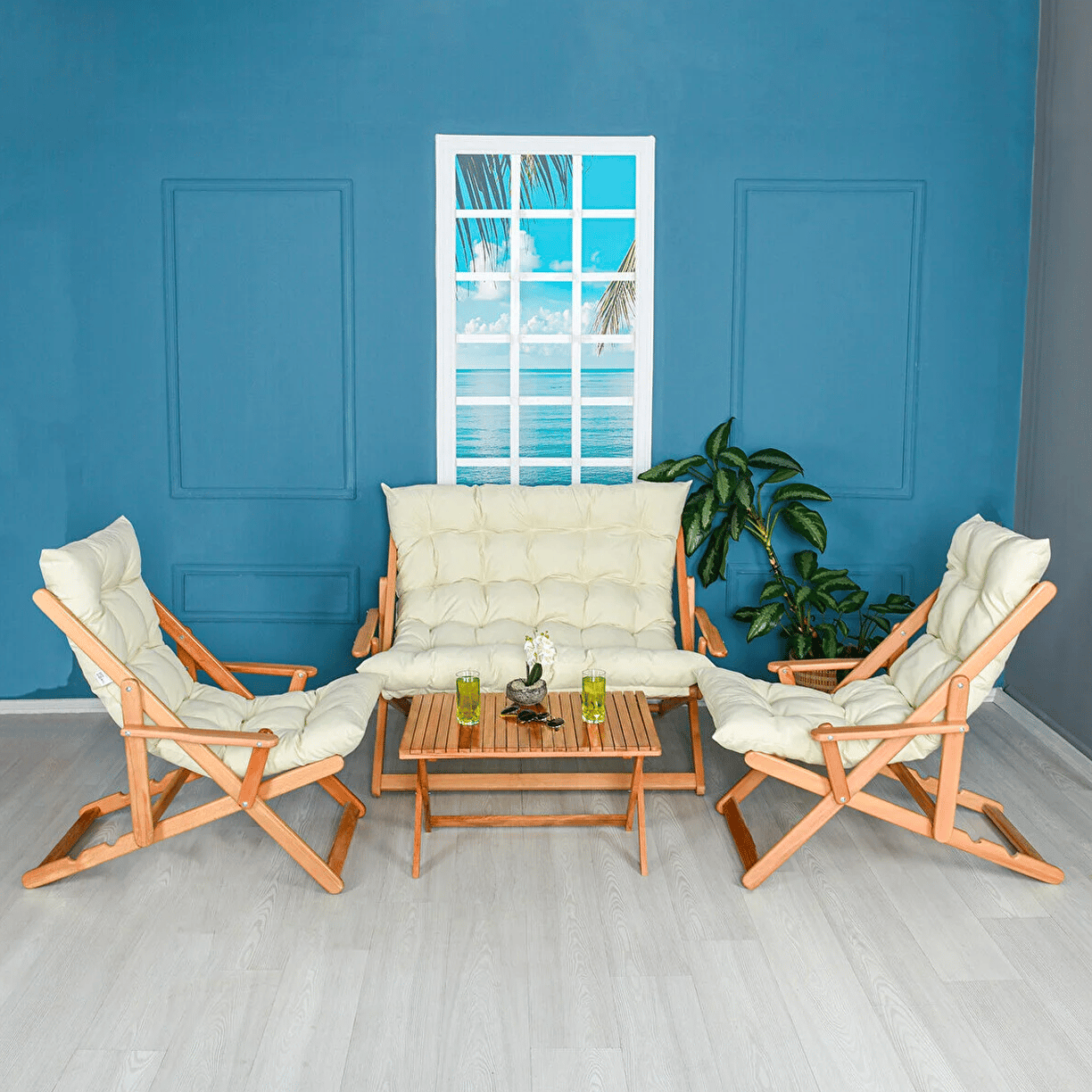 Bysay Ahşap Katlanabilir Plaj Bahçe Teras Balkon Sandalyesi Koltuğu Takimi 4  Lü Set Krem