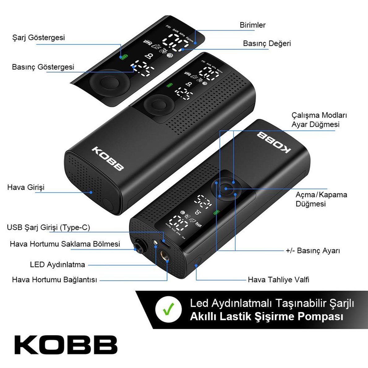 KOBB KB410 Şarjlı Li-ion 120 PSI Taşınabilir Dijital Basınç Göstergeli Led  Aydınlatmalı Akıllı Lastik Şişirme Pompası - Ereyon