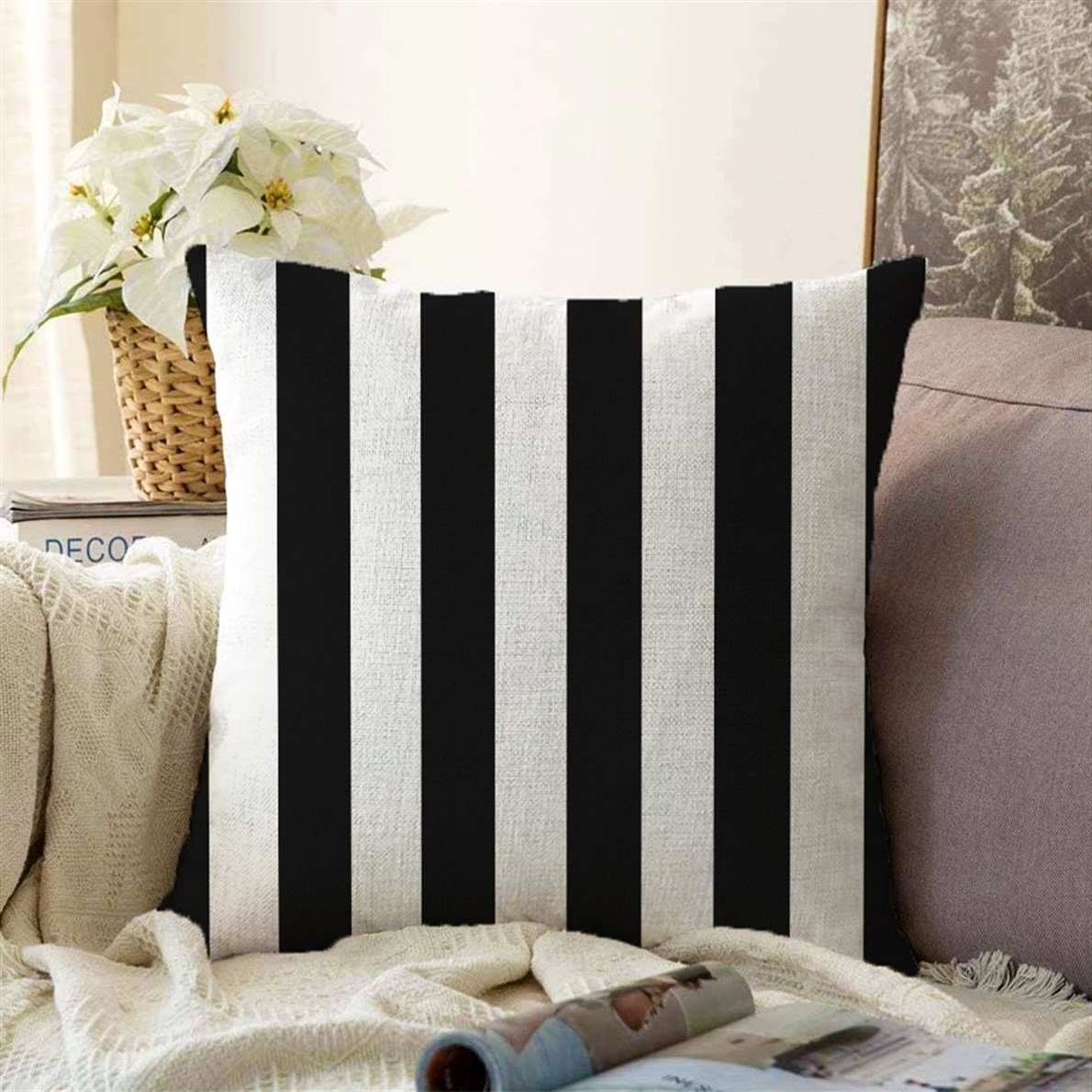 RealHomes Çift Taraflı Siyah Beyaz Çizgili Dekoratif Şönil Yastık Kırlent  Kılıfı–55 x 55 cm | Ereyon