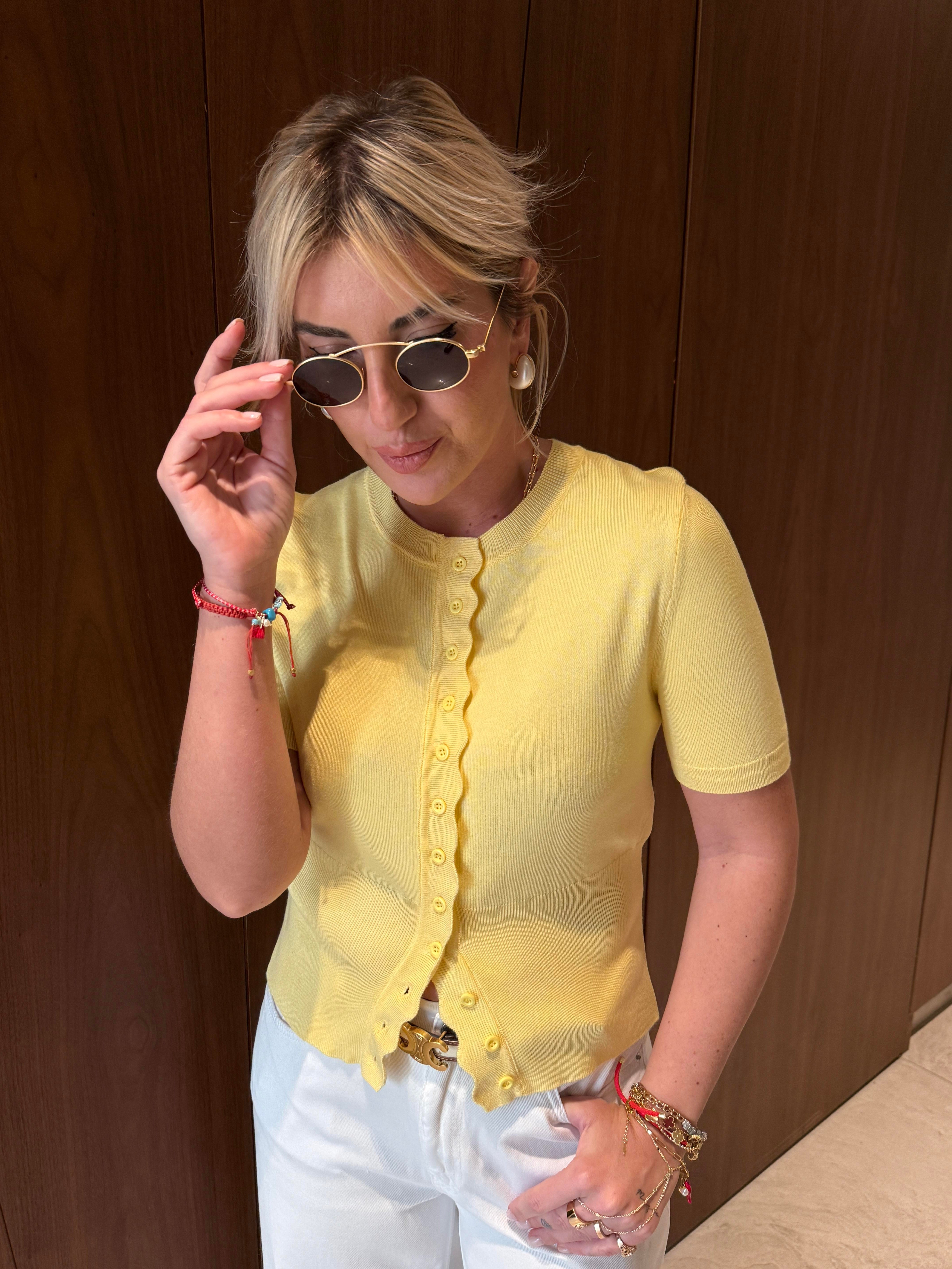 Kısa Kollu , Bisiklet Yaka , Dalga Efektli , Sarı Triko Hırka