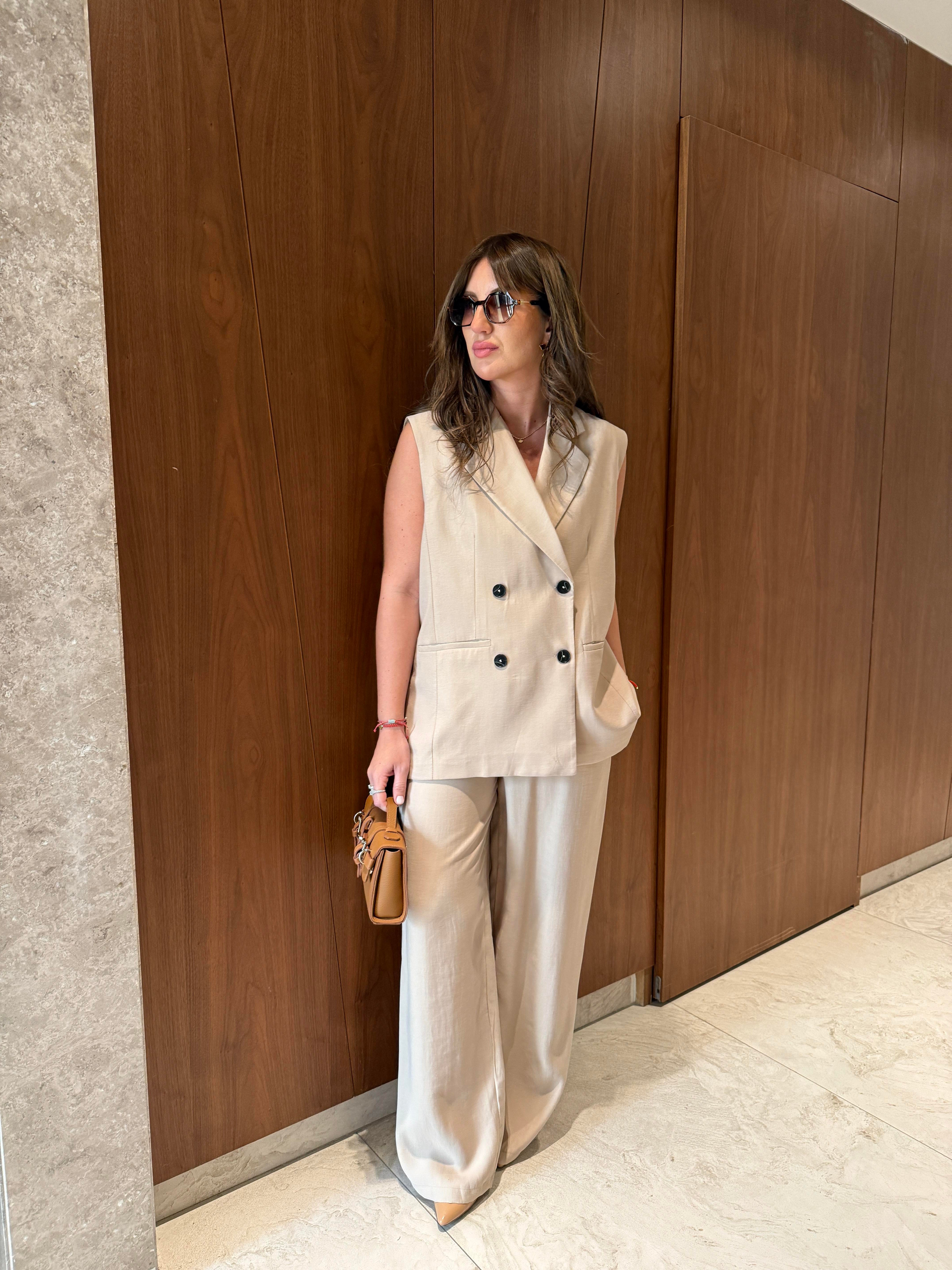 Blazer Yelek & Pantolonlu , Bej Premium Takım