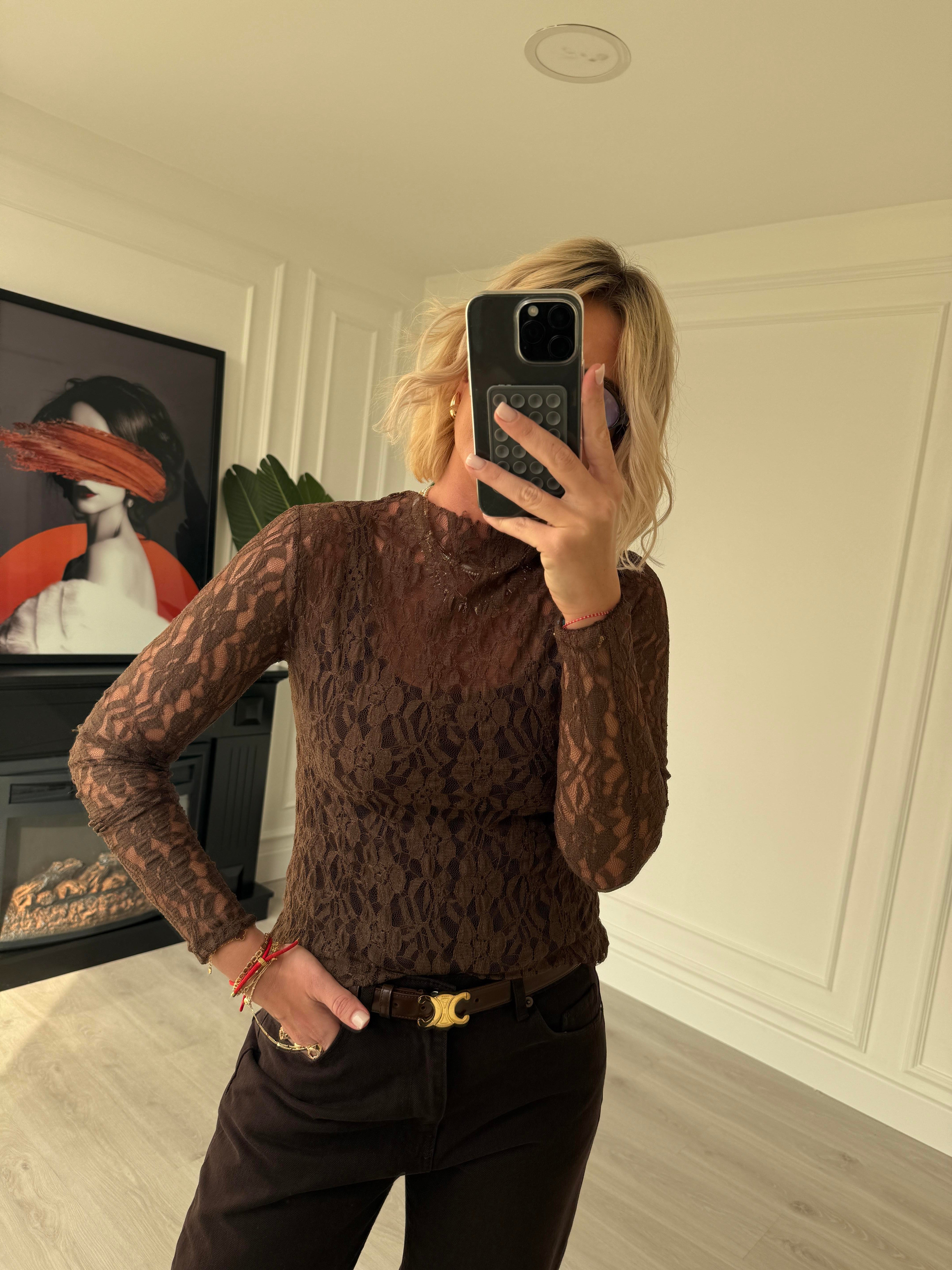 Likralı Acı Kahve Dantel Bluz