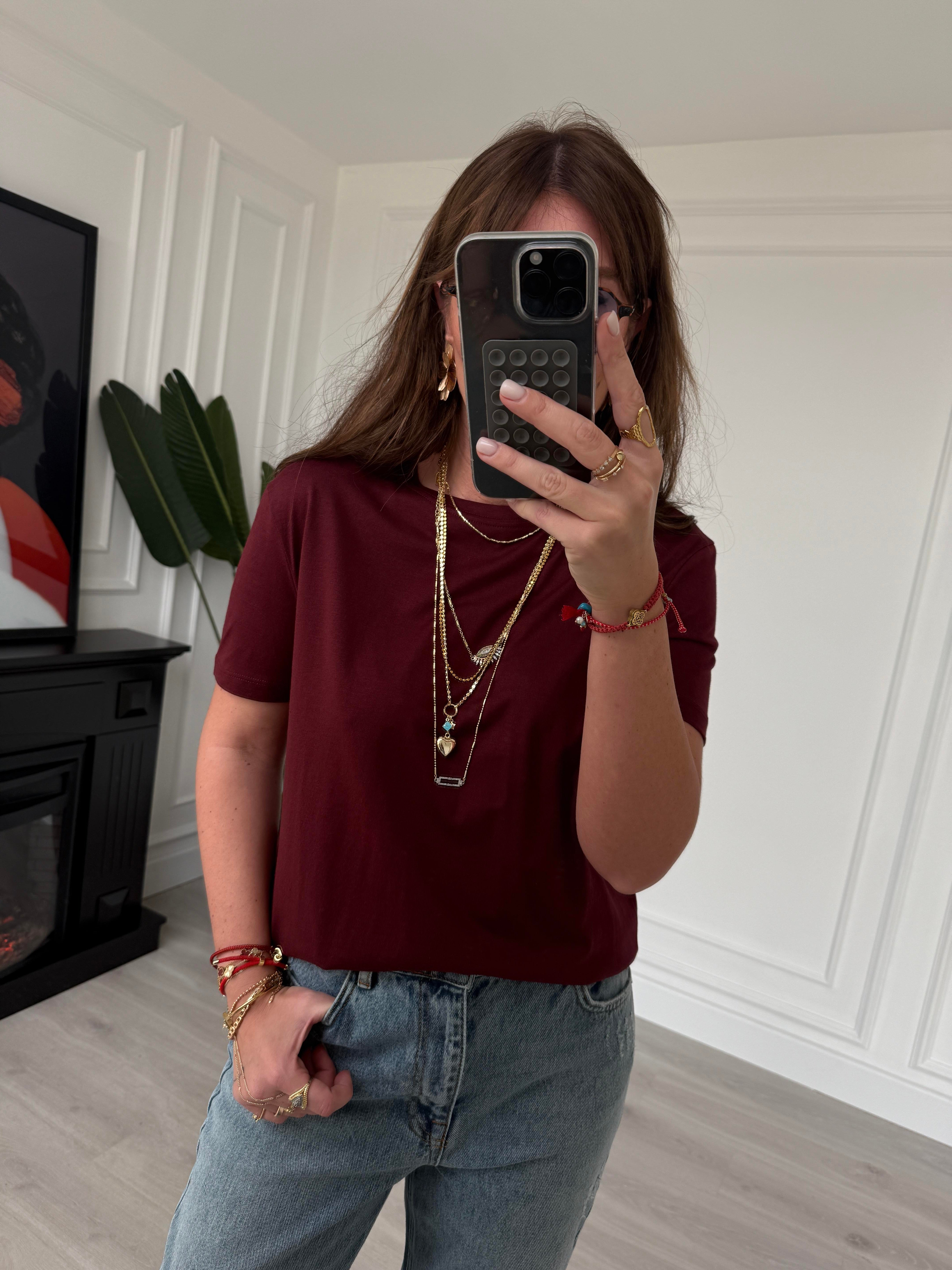 Modal Karışım , Pamuklu , Bordo Basic Tshirt