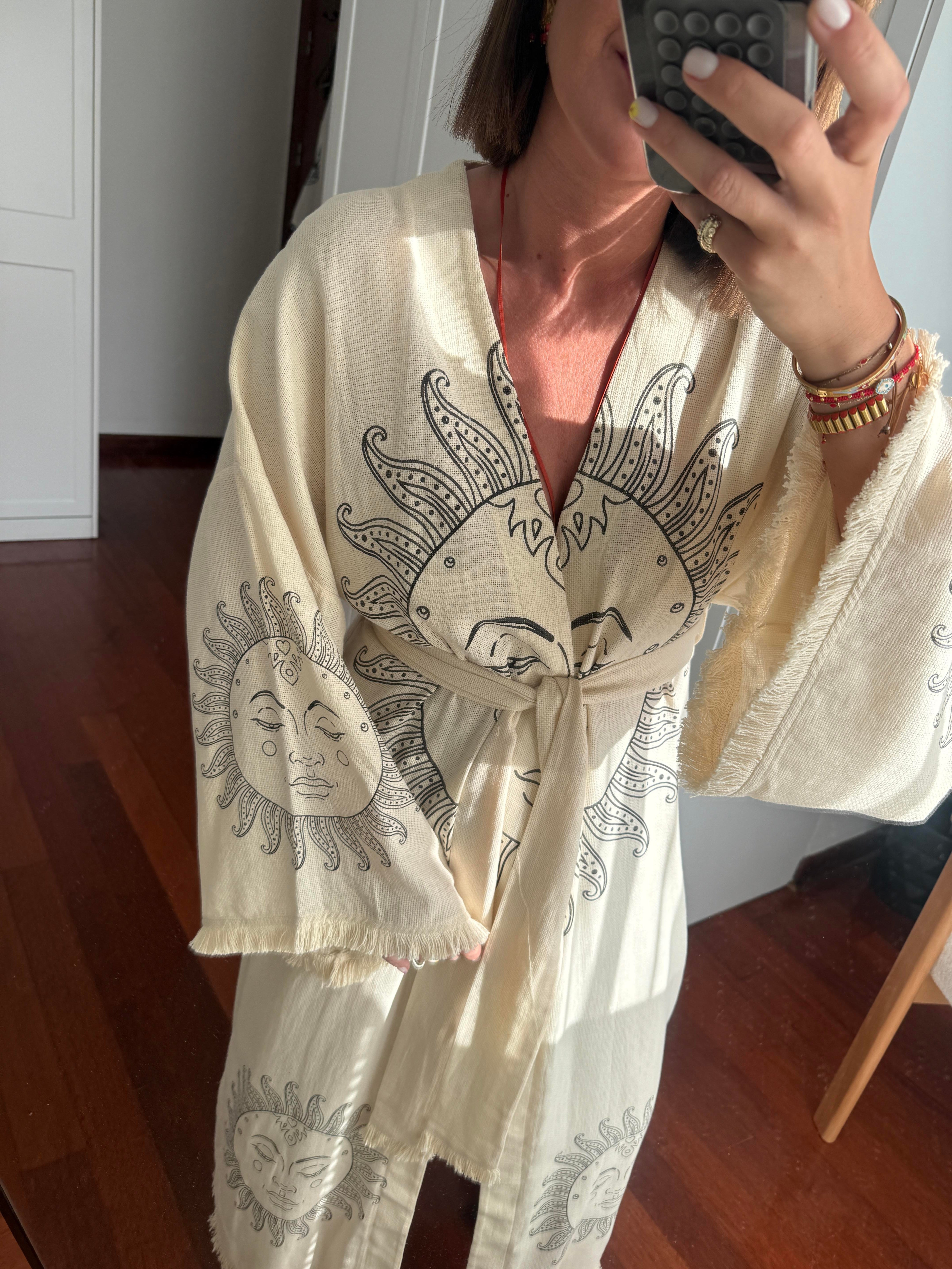 Güneş Desen İşlemeli , Taş Rengi Kimono